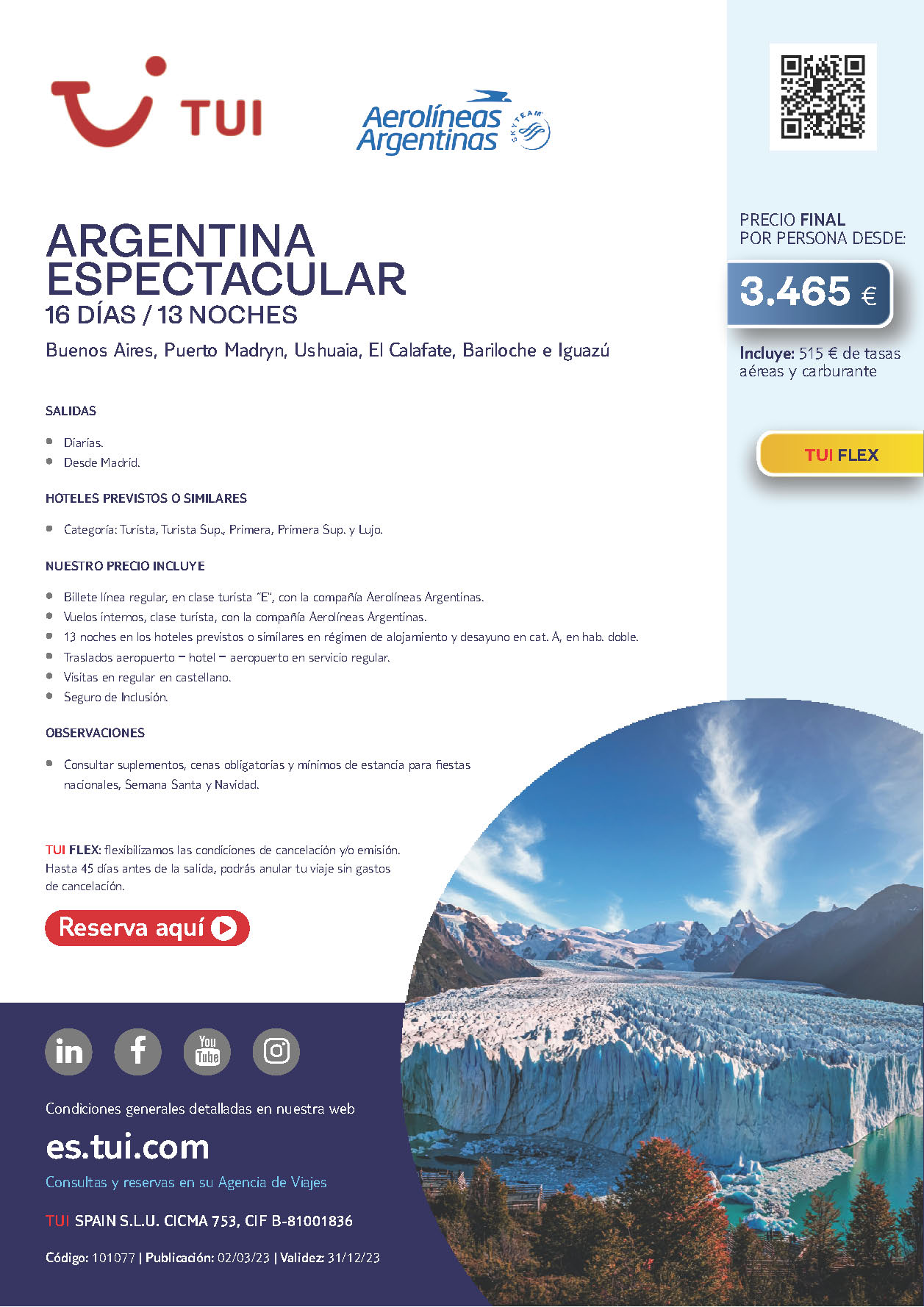 Oferta TUI Argentina Espectacular 16 dias salidas 2023 desde Madrid vuelos Aerolineas Argentinas