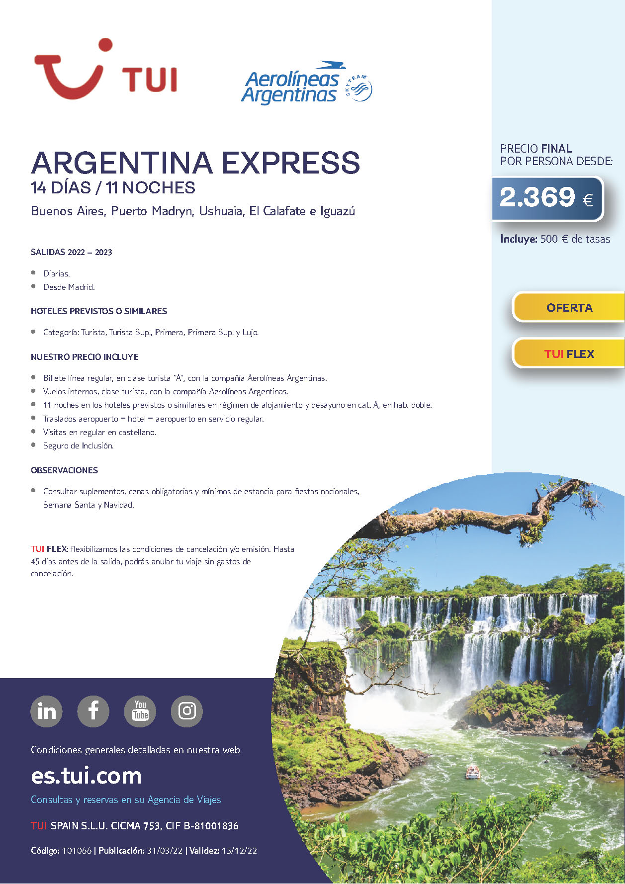 Oferta TUI Argentina Express 14 dias salidas 2022 y 2023 desde Madrid vuelos directos Aerolineas Argentinas