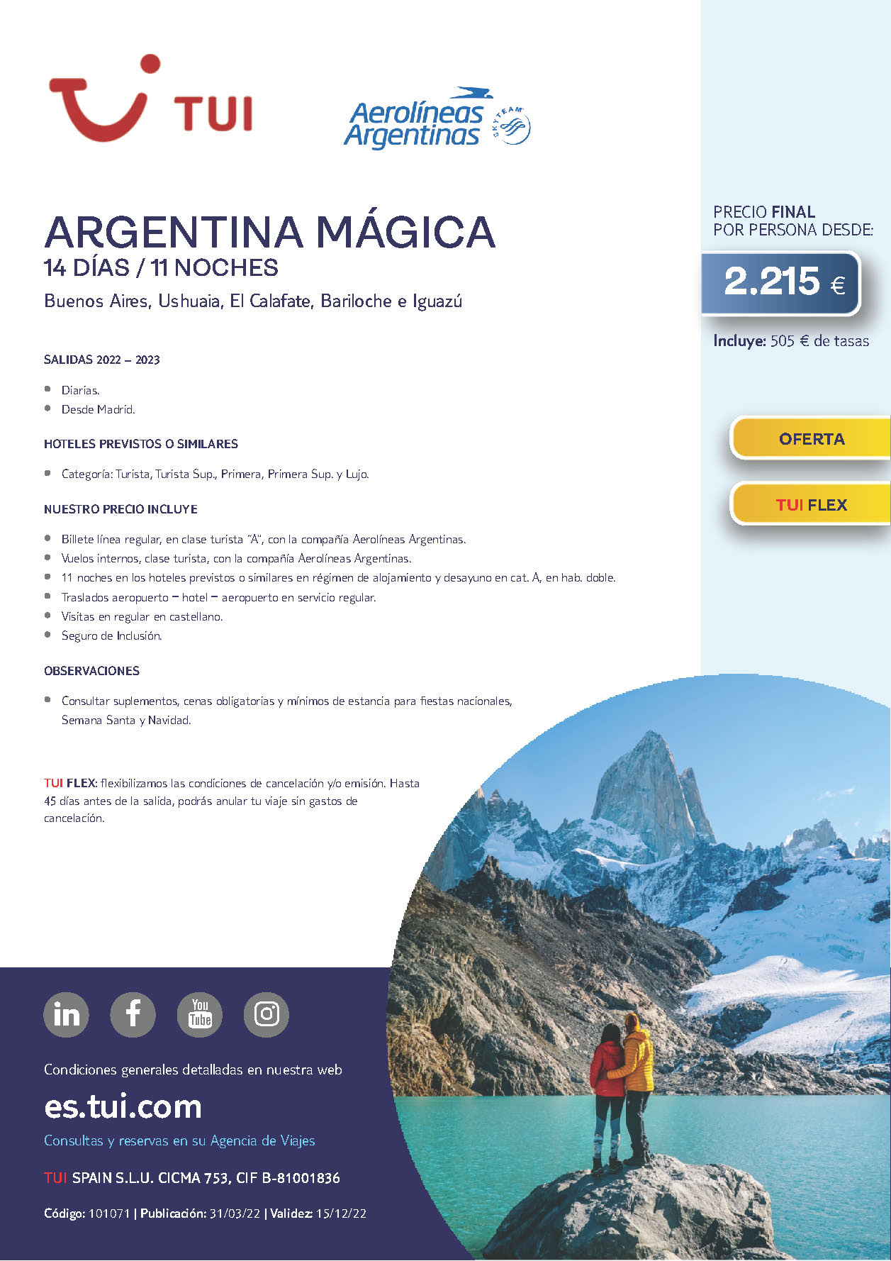 Oferta TUI Argentina Magica 14 dias salidas 2022 y 2023 desde Madrid vuelos directos Aerolineas Argentinas