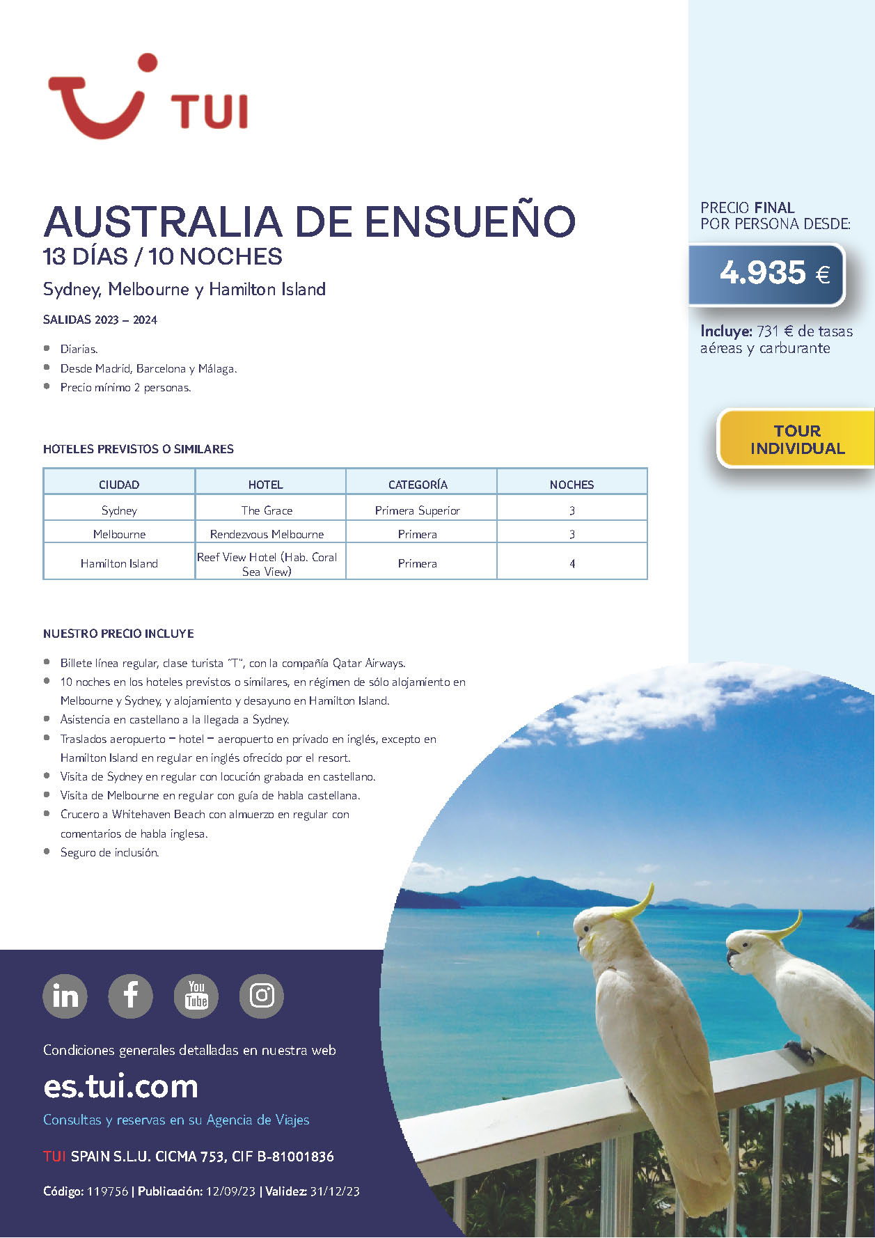 Oferta TUI Australia de Ensueño 13 dias Noviembre 2023 a Marzo 2024 salidas desde Madrid Barcelona Malaga vuelos Qatar Airways