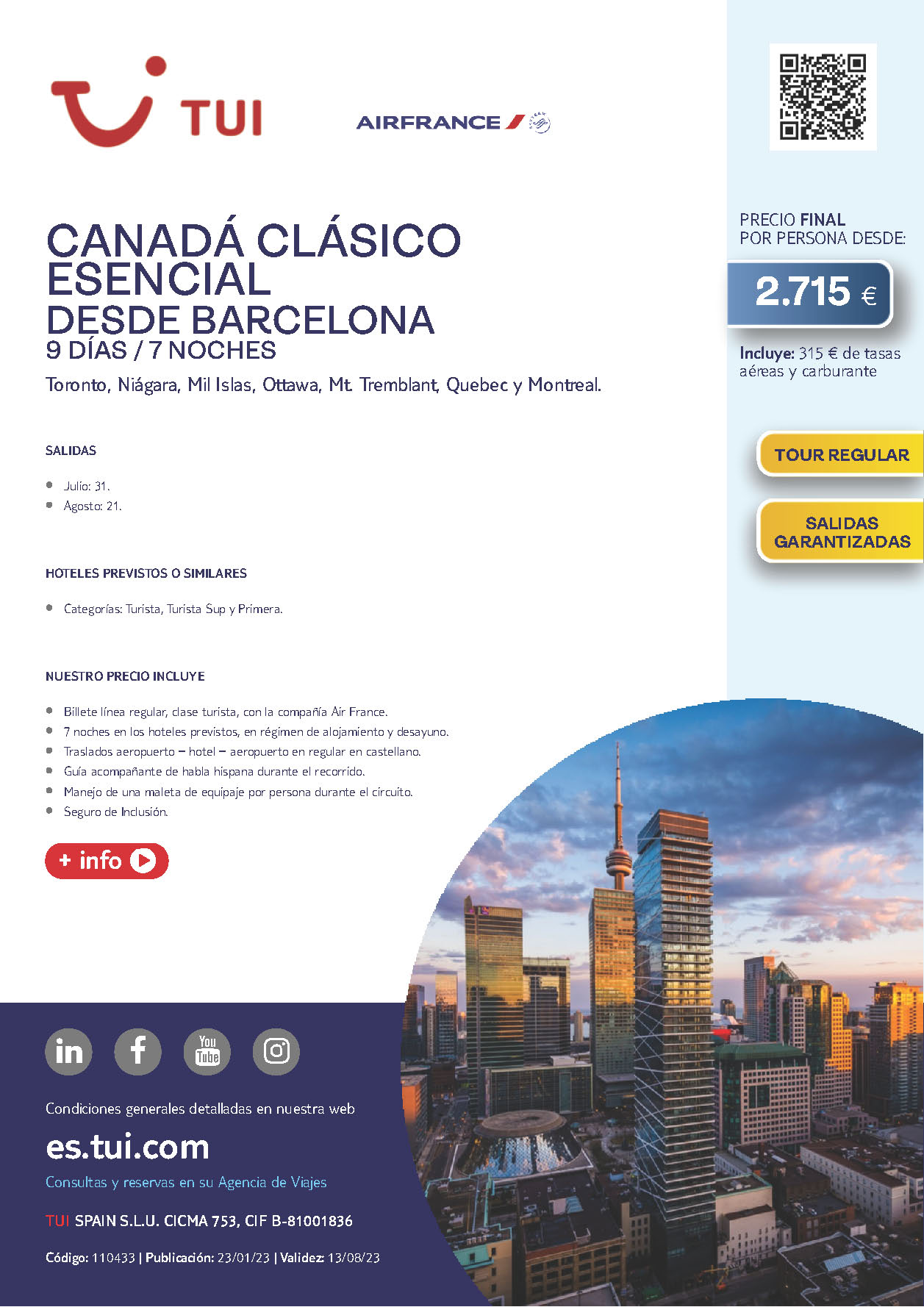 Oferta TUI Canada Clasico Esencial 9 dias salidas Julio y Agosto 2023 desde Barcelona vuelos Air France