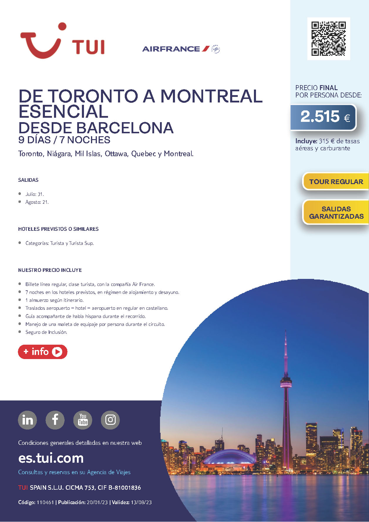 Oferta TUI Canada De Toronto a Montreal Esencial 9 dias salidas Julio y Agosto 2023 desde Barcelona vuelos Air France