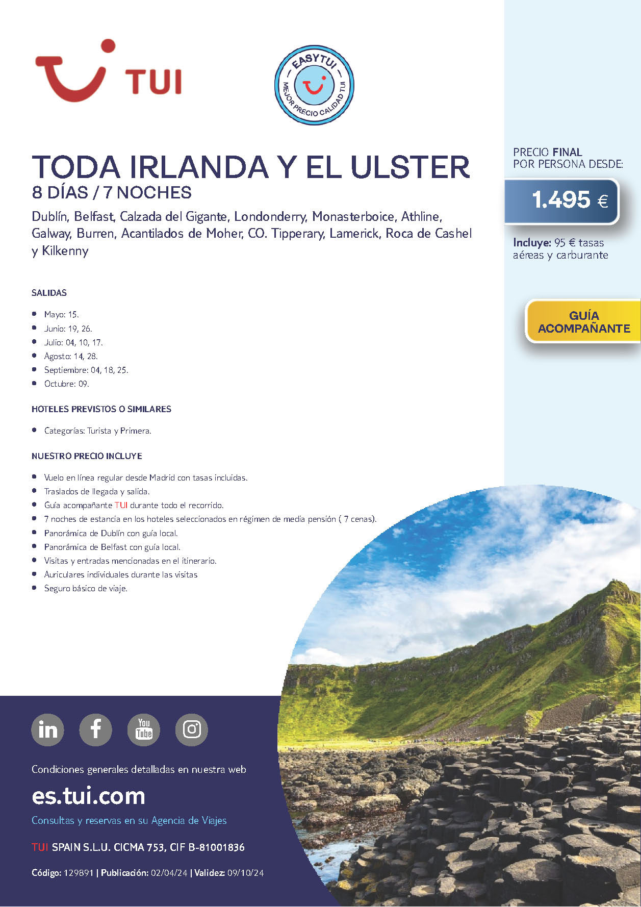 Oferta TUI Circuito Irlanda y el Ulster 8 dias salidas Mayo a Octubre 2024 desde Madrid