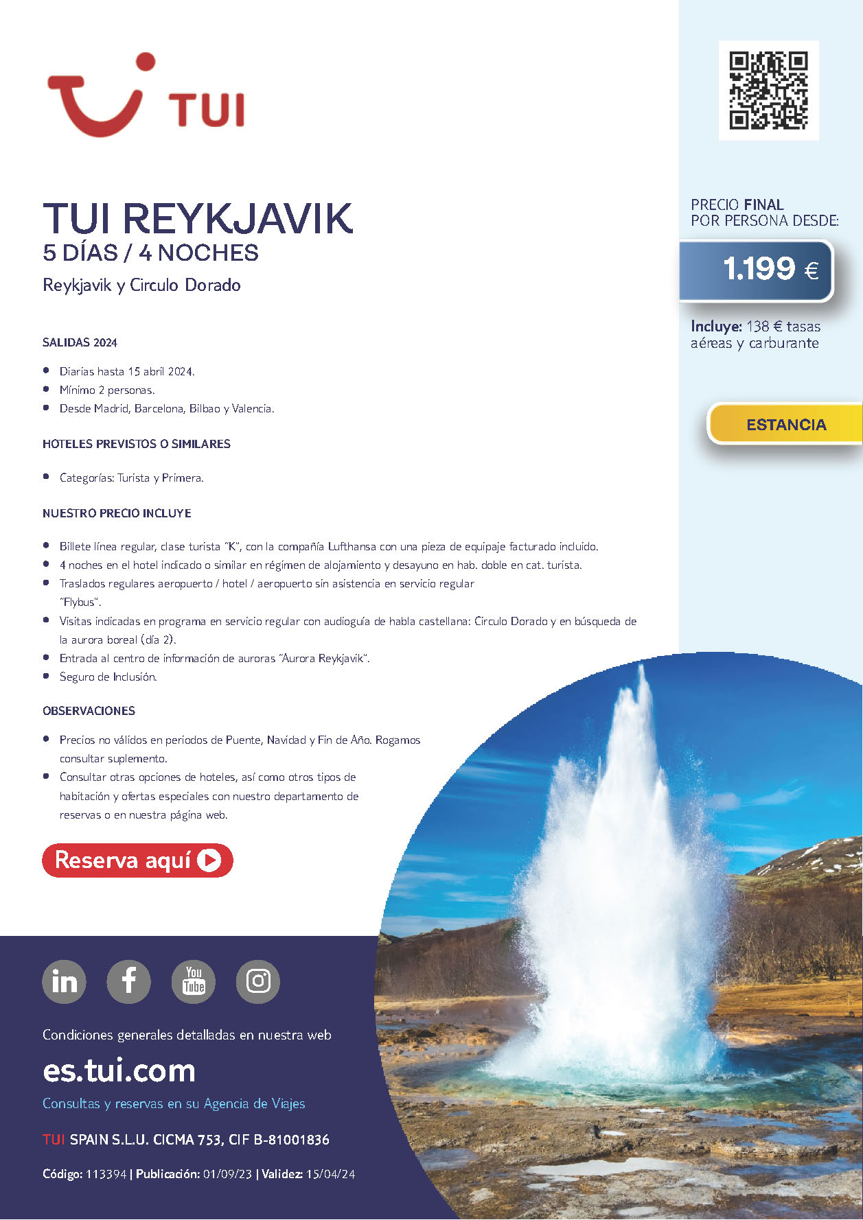 Oferta TUI Circuito Reykjavik 5 dias salidas Enero a Abril 2024 desde Madrid Barcelona Bilbao Valencia