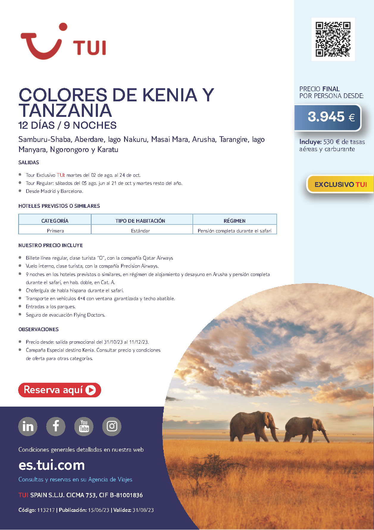 Oferta TUI Colores de Kenia y Tanzania 12 dias Septiembre Octubre 2023 salidas desde Barcelona y Madrid vuelos Qatar Airways