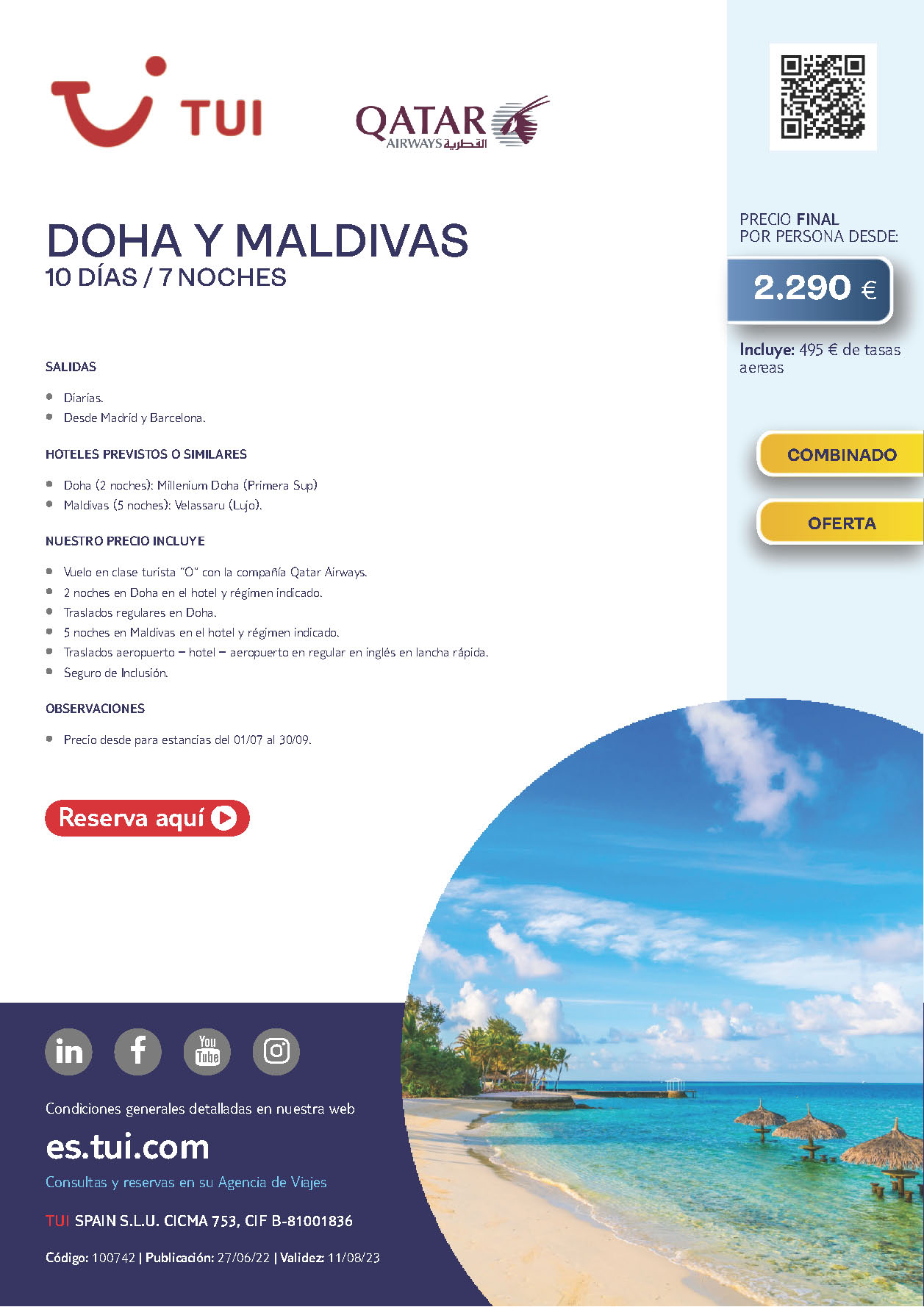 Oferta TUI Doha y Maldivas 10 dias Agosto a Diciembre 2023 salidas desde Barcelona y Madrid vuelos Qatar Airways