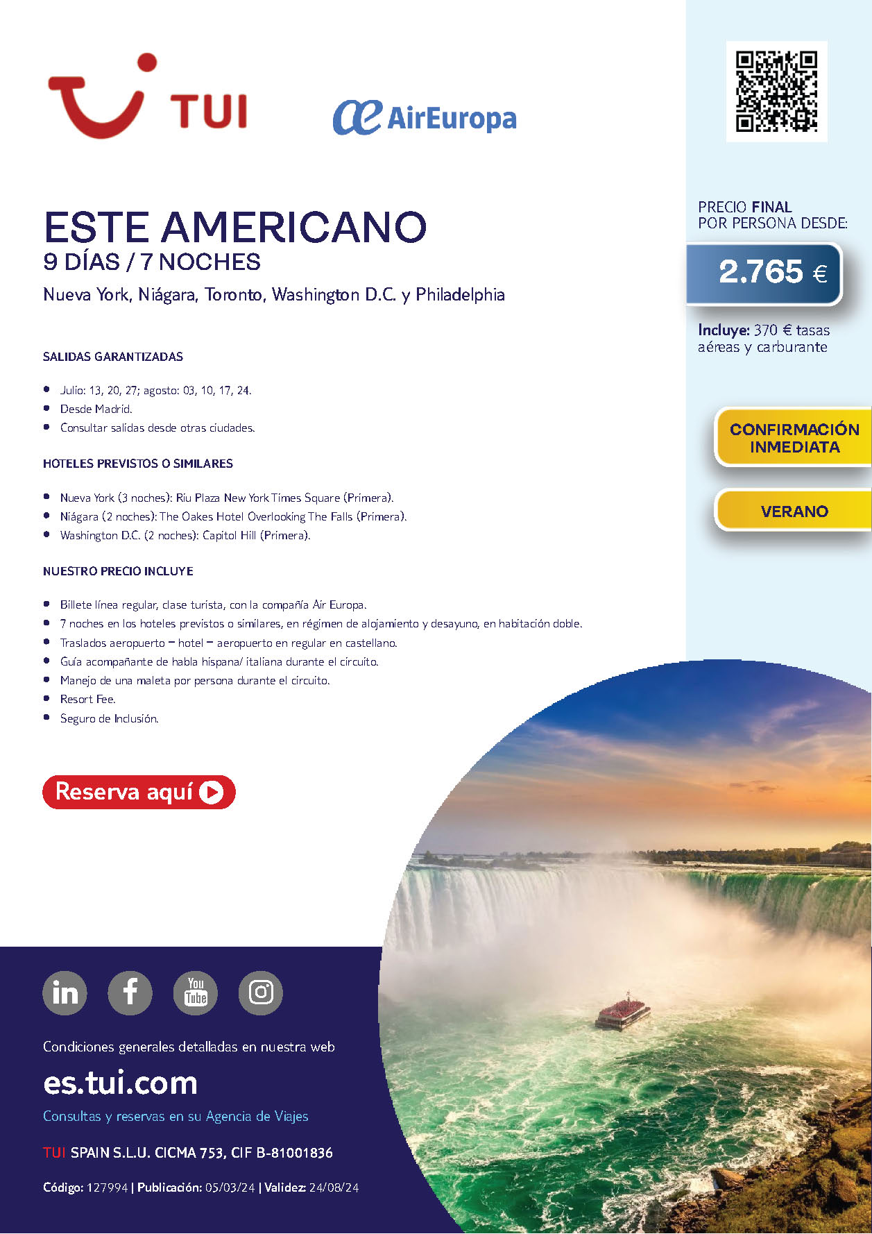 Oferta TUI Estados Unidos Circuito Este Americano 9 dias salidas Julio y Agosto 2024 en vuelo de Air Europa directo desde Madrid