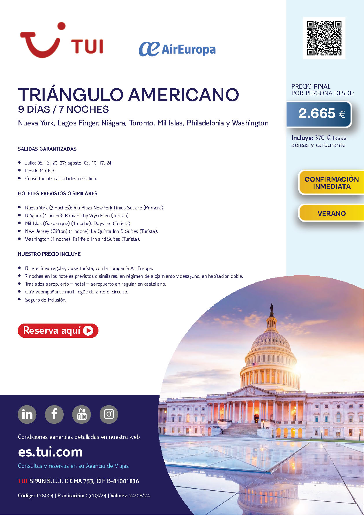 Oferta TUI Estados Unidos Circuito Triangulo Americano 9 dias salidas Julio y Agosto 2024 en vuelo de Air Europa directo desde Madrid