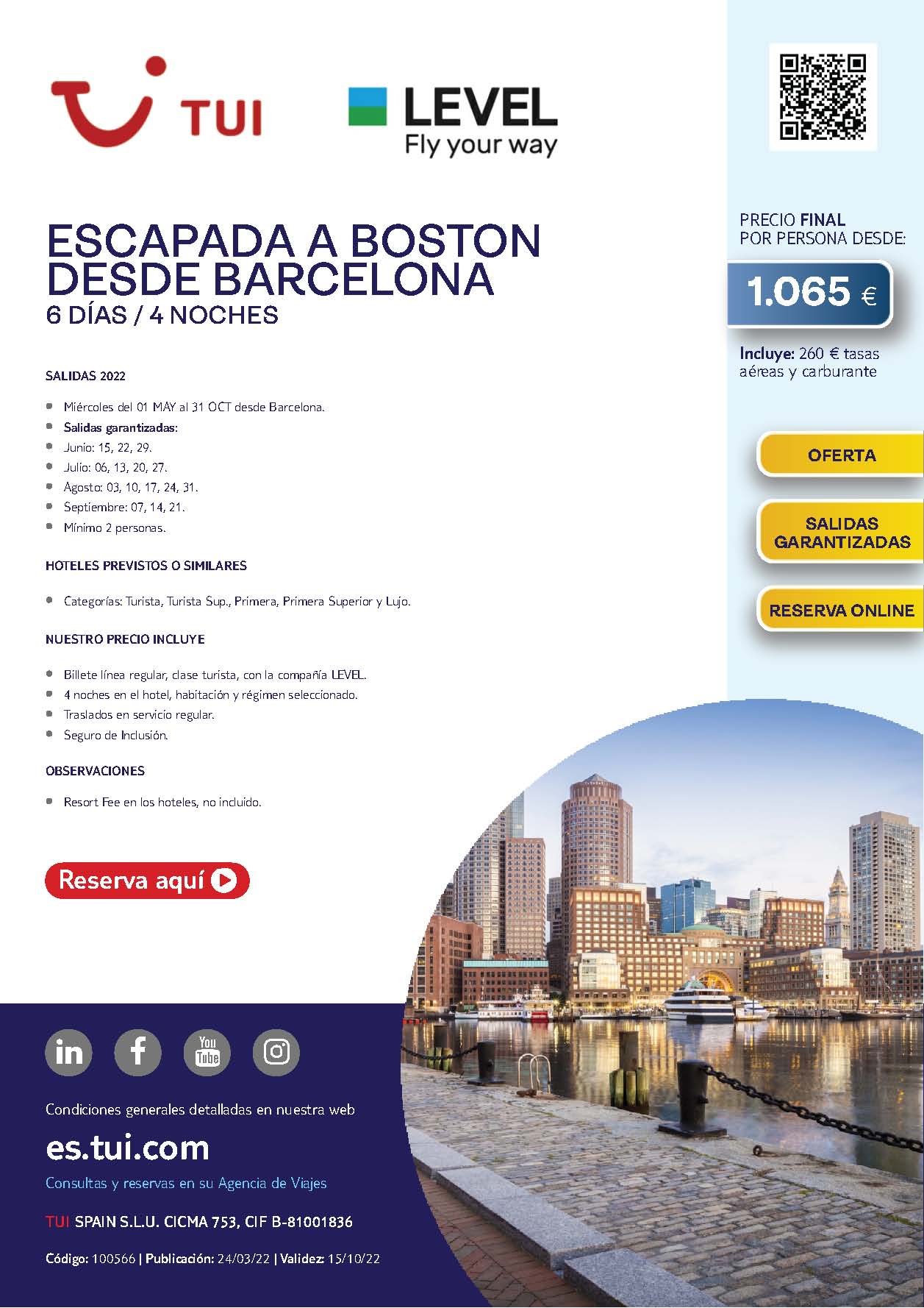 Oferta TUI Estados Unidos Escapada a Boston 6 dias Mayo a Octubre 2022 salida en vuelo directo desde Barcelona vuelos Level