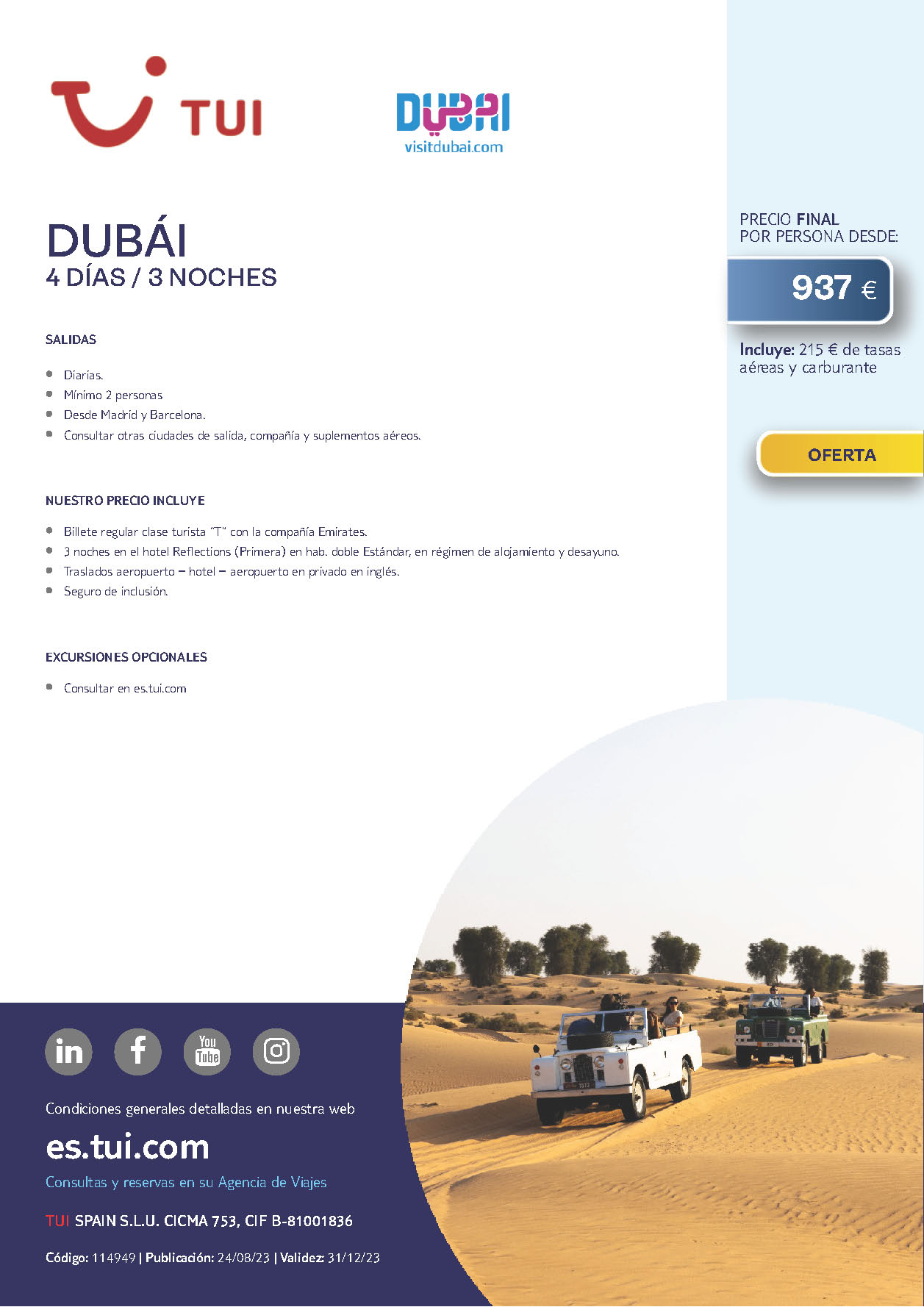Oferta TUI Estancia en Dubai 4 dias salidas Enero a Diciembre 2024 desde Madrid y Barcelona vuelos Emirates