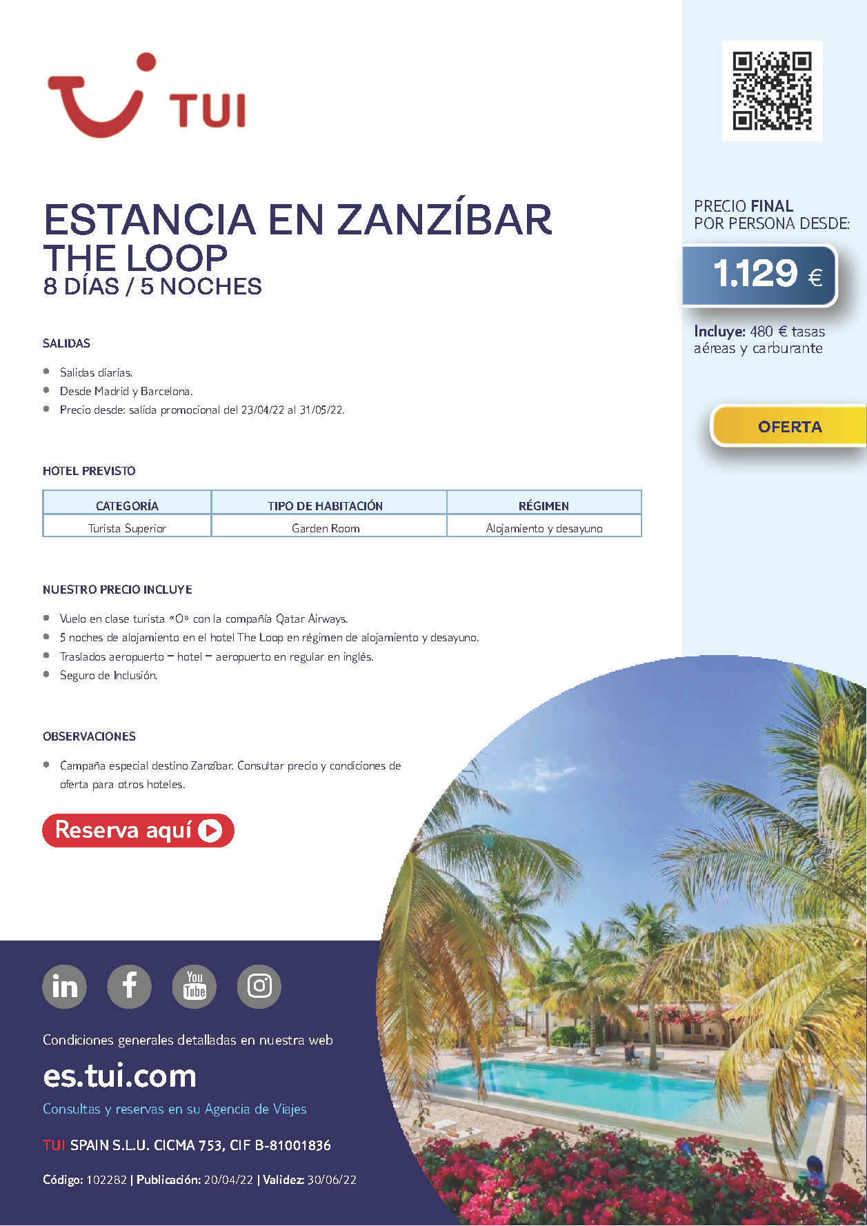 Oferta TUI Estancia en Zanzibar Tanzania 8 dias 5 noches Abril y Mayo 2022 salidas desde Madrid Barcelona vuelos Qatar Airways