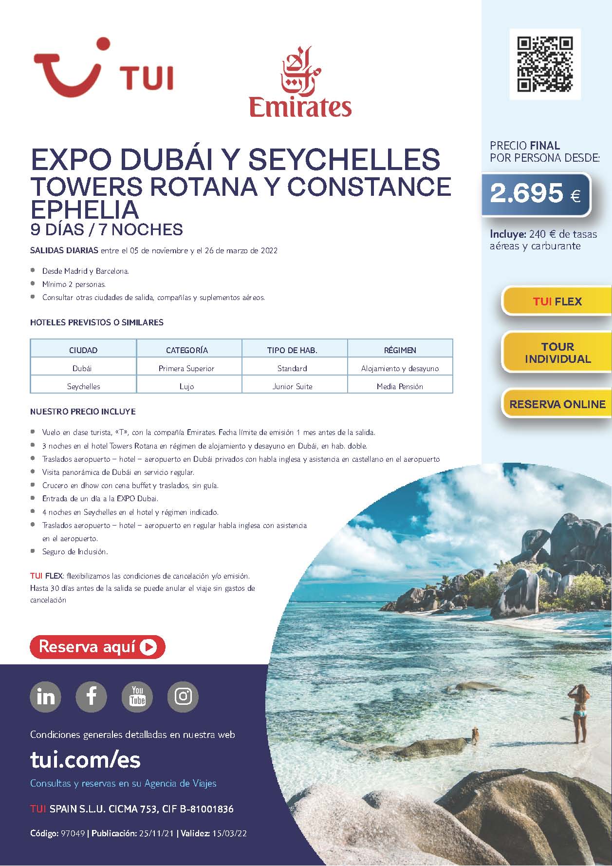 Oferta TUI Expo Dubai y Seychelles Towers Rotana y Constance Ephelia vuelos Emirates Febrero y Marzo 2022 salidas desde Madrid y Barcelona