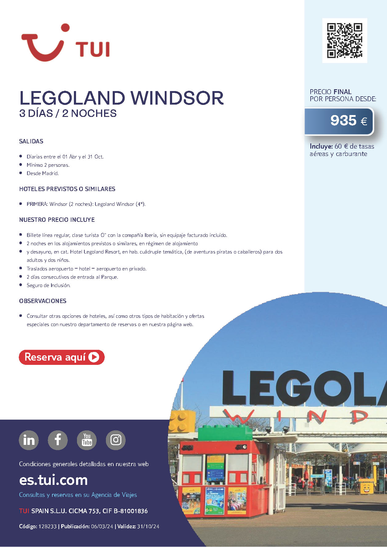 Oferta TUI Familias Escapada Parque Legoland Windsor 3 dias salidas Abril a Octubre 2024 vuelo directo desde Madrid