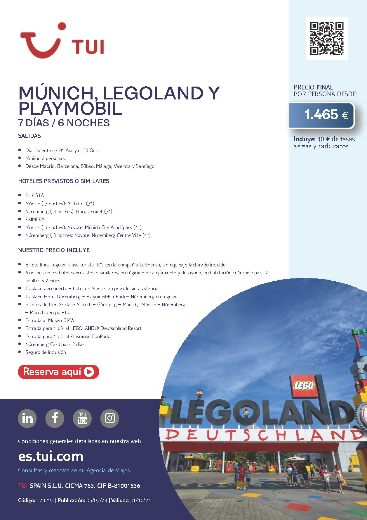 Oferta TUI Familias Vacaciones en Munich Legoland y Playmobil 7 dias salidas Abril a Octubre 2024 vuelo directo desde Madrid