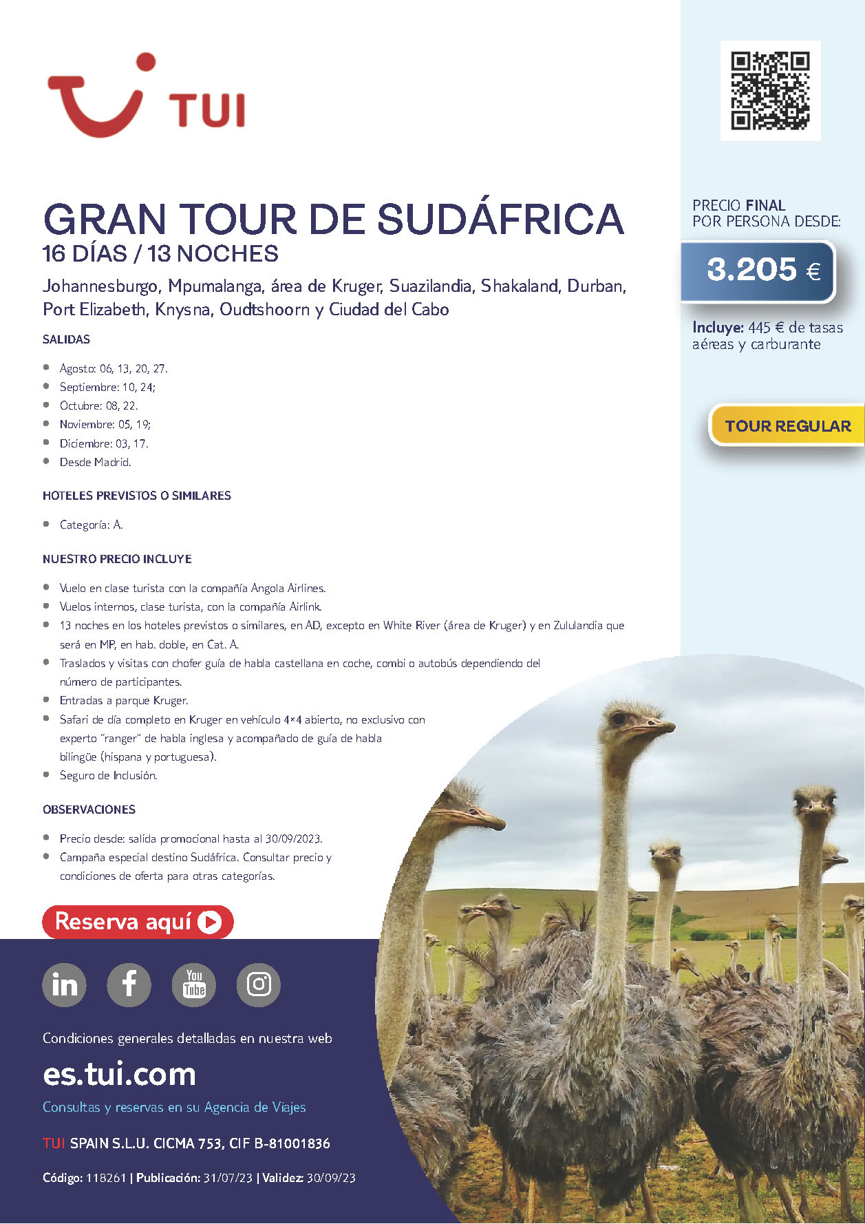 Oferta TUI Gran Tour de Sudafrica 16 dias 10 noches salidas desde Madrid Agosto a Diciembre 2023 vuelos Angola Airlines
