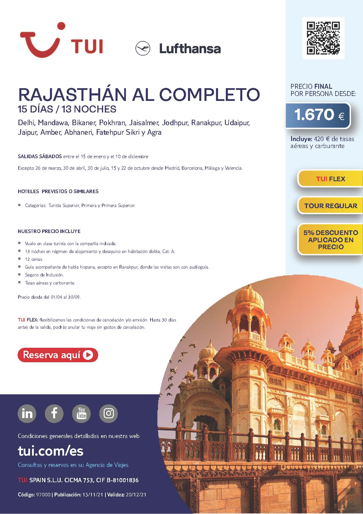 Oferta TUI India 2022 Rajasthan al Completo salidas desde Madrid Barcelona Valencia Malaga
