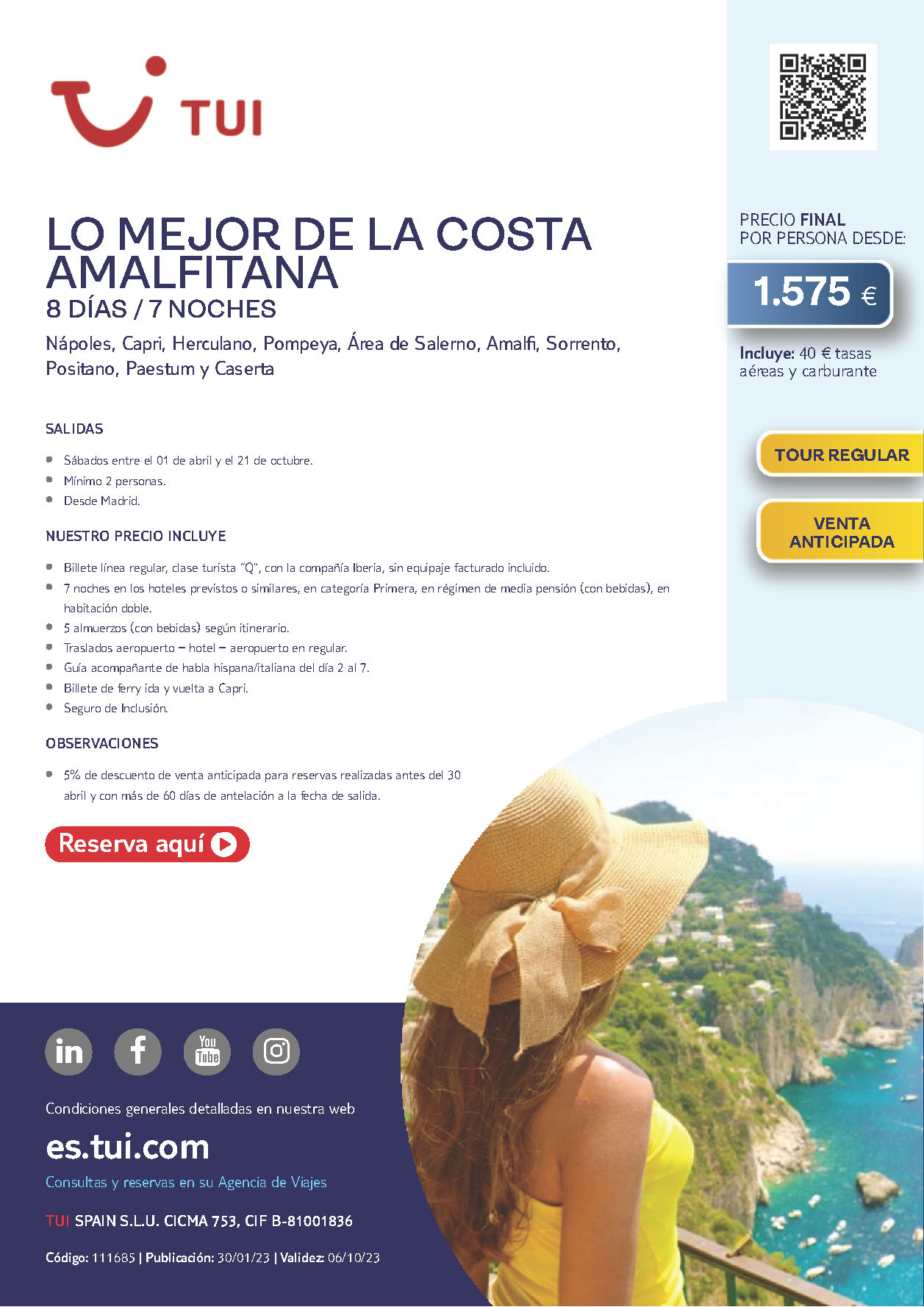 Oferta TUI Italia Lo Mejor de la Costa Amalfitana 8 dias Abril a Octubre 2023 salidas desde Madrid vuelos Iberia