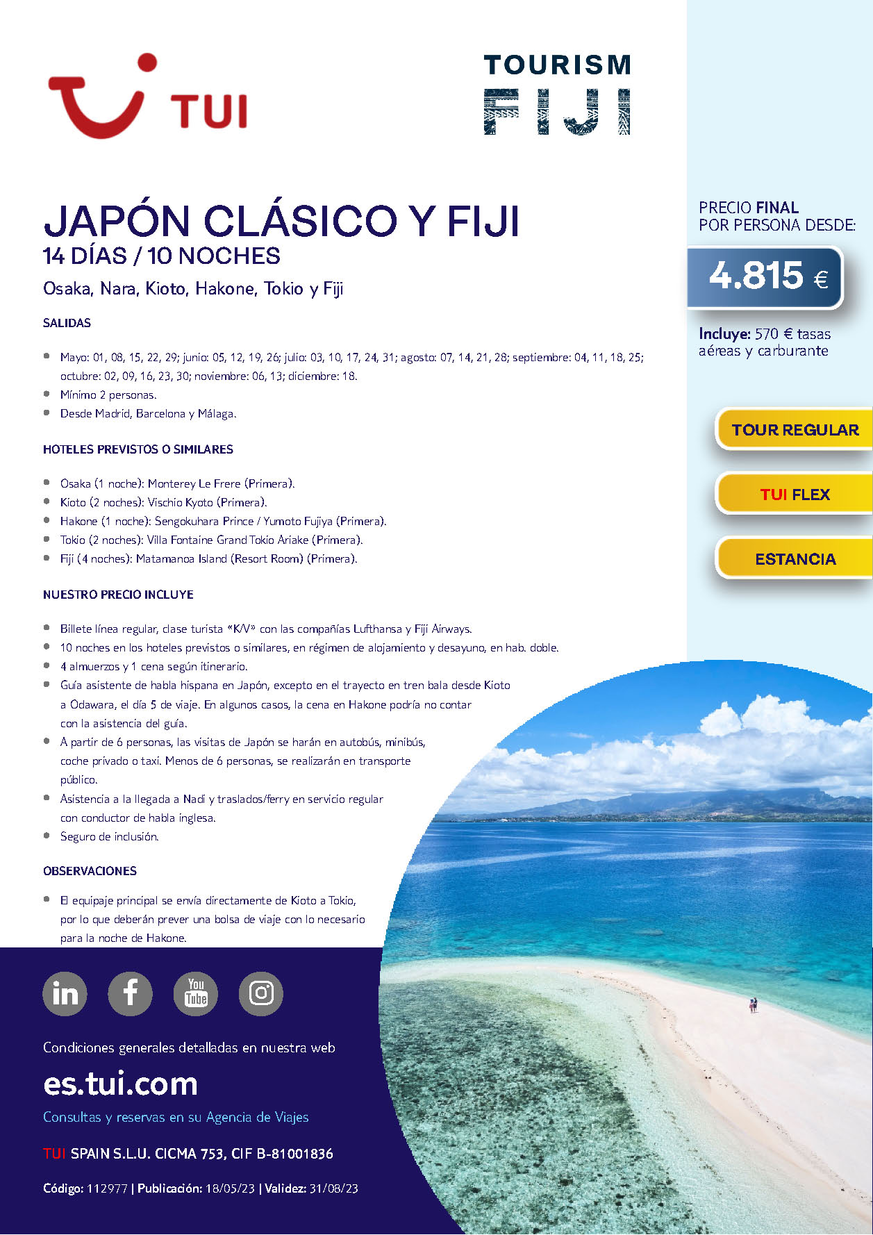 Oferta TUI Japon Clasico y Fiji 14 dias Mayo a Diciembre 2023 salidas desde Madrid Barcelona Malaga vuelos Lufthansa y Fiji Airways