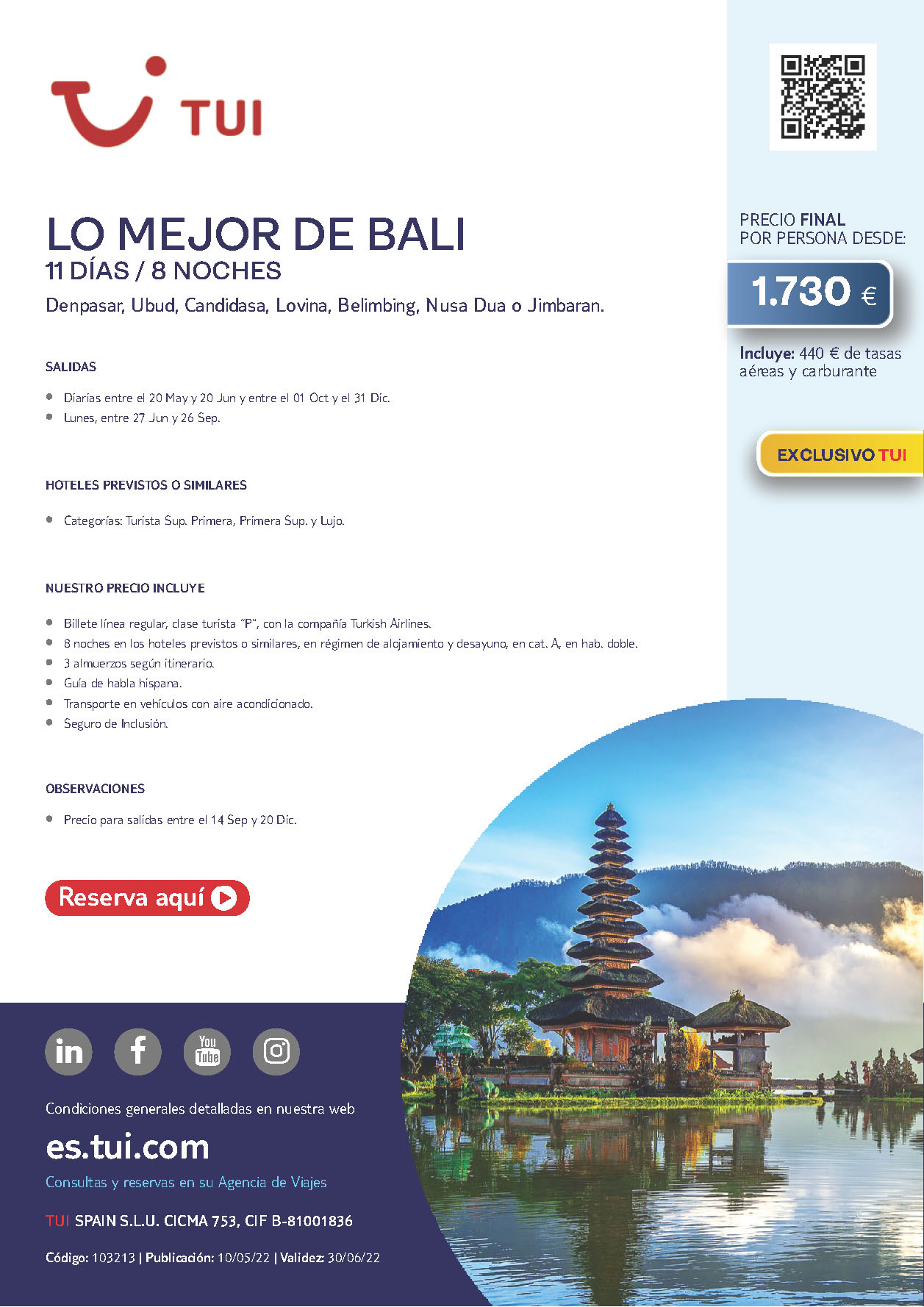 Oferta TUI Lo Mejor de Bali 11 dias salidas de Mayo a Diciembre 2022 desde Madrid Barcelona Bilbao Valencia vuelos Turkish Airlines