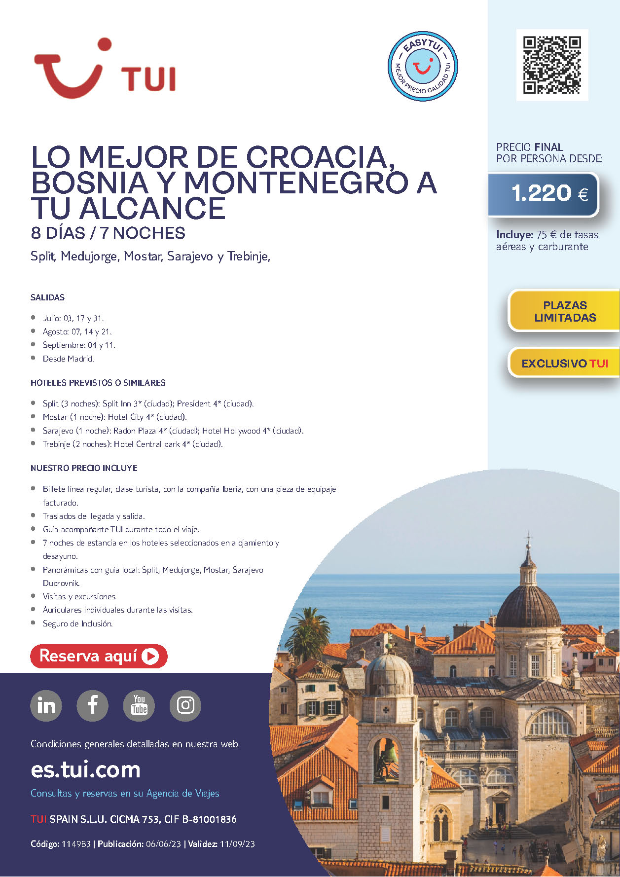 Oferta TUI Lo Mejor de Croacia Bosnia y Montenegro 8 dias Julio Agosto y Septiembre 2023 salidas desde Madrid vuelos Iberia