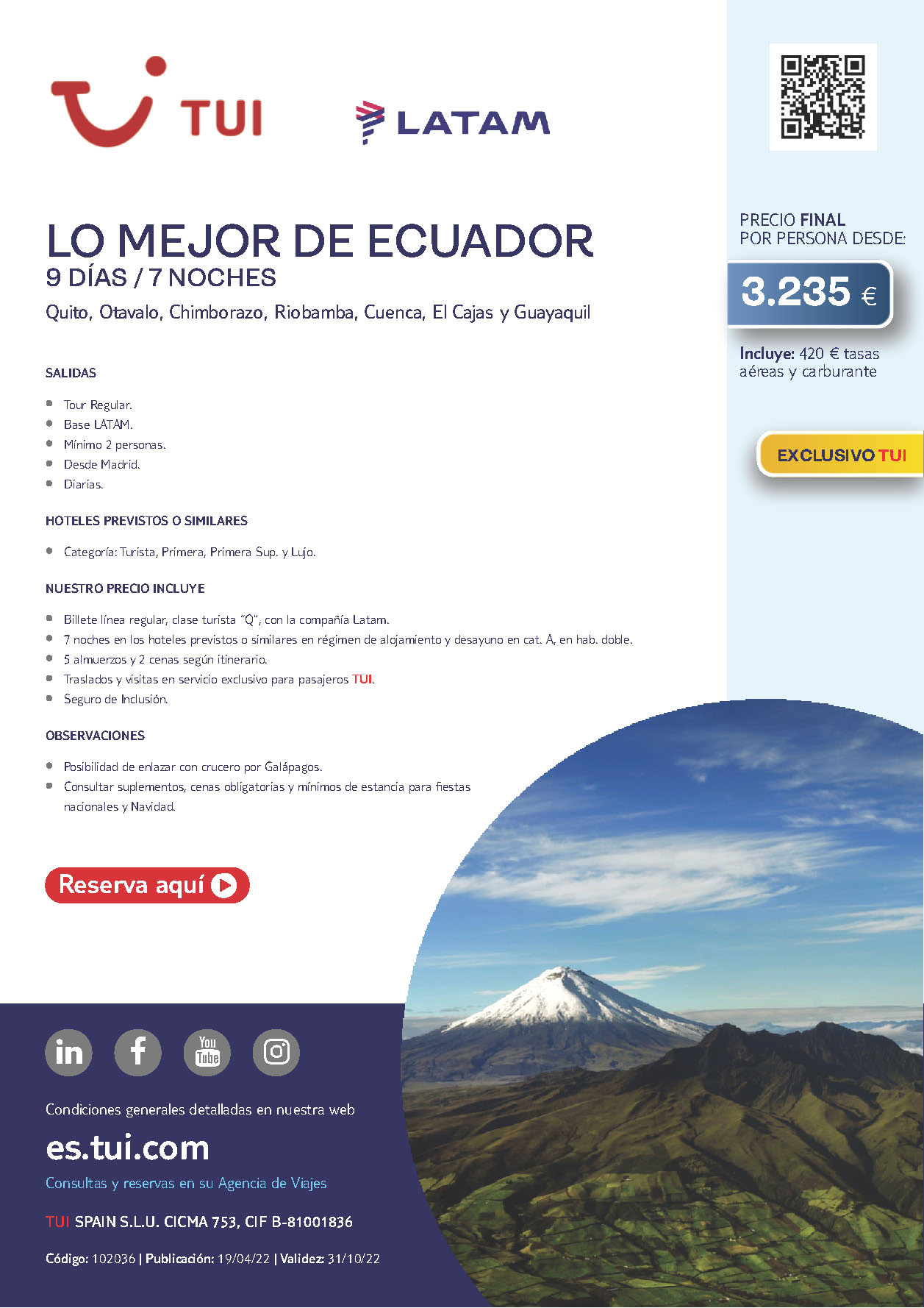 Oferta TUI Lo Mejor de Ecuador 9 dias salidas de Mayo a Octubre 2022 desde Madrid vuelos Latam