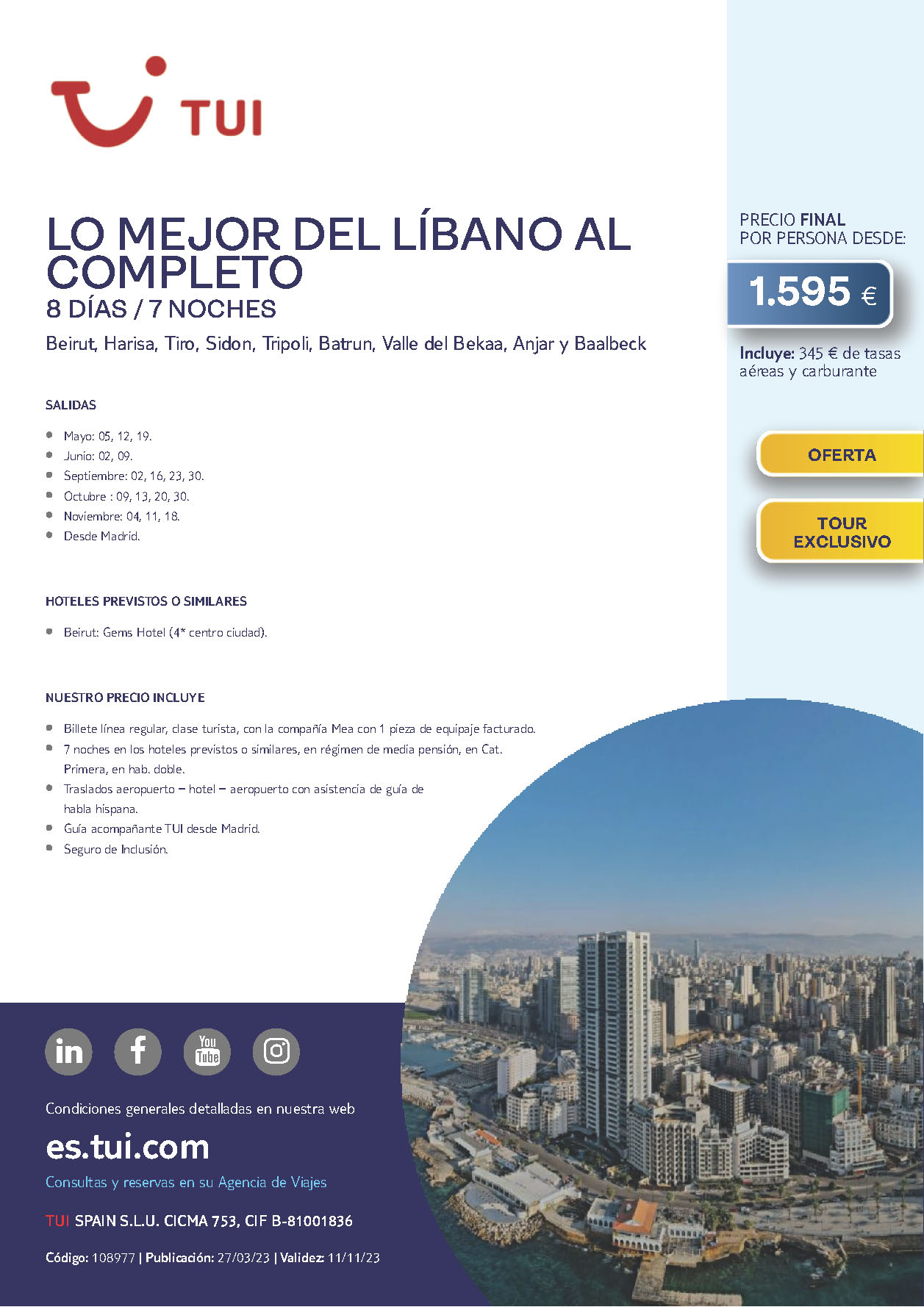 Oferta TUI Lo Mejor del Libano 8 dias Mayo a Noviembre 2023 salidas desde Madrid