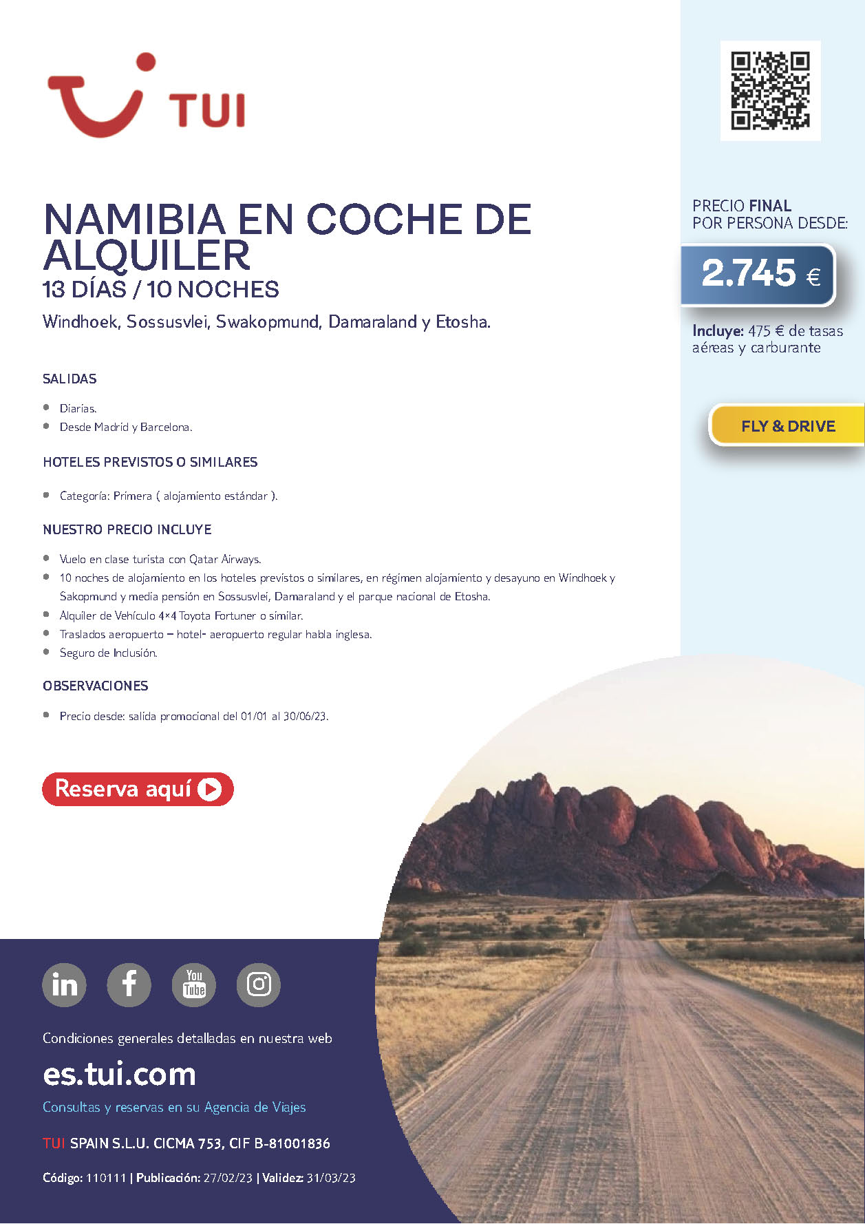 Oferta TUI Namibia en coche de alquiler 13 dias 10 noches Verano 2023 salidas desde Barcelona y Madrid vuelos Qatar Airways