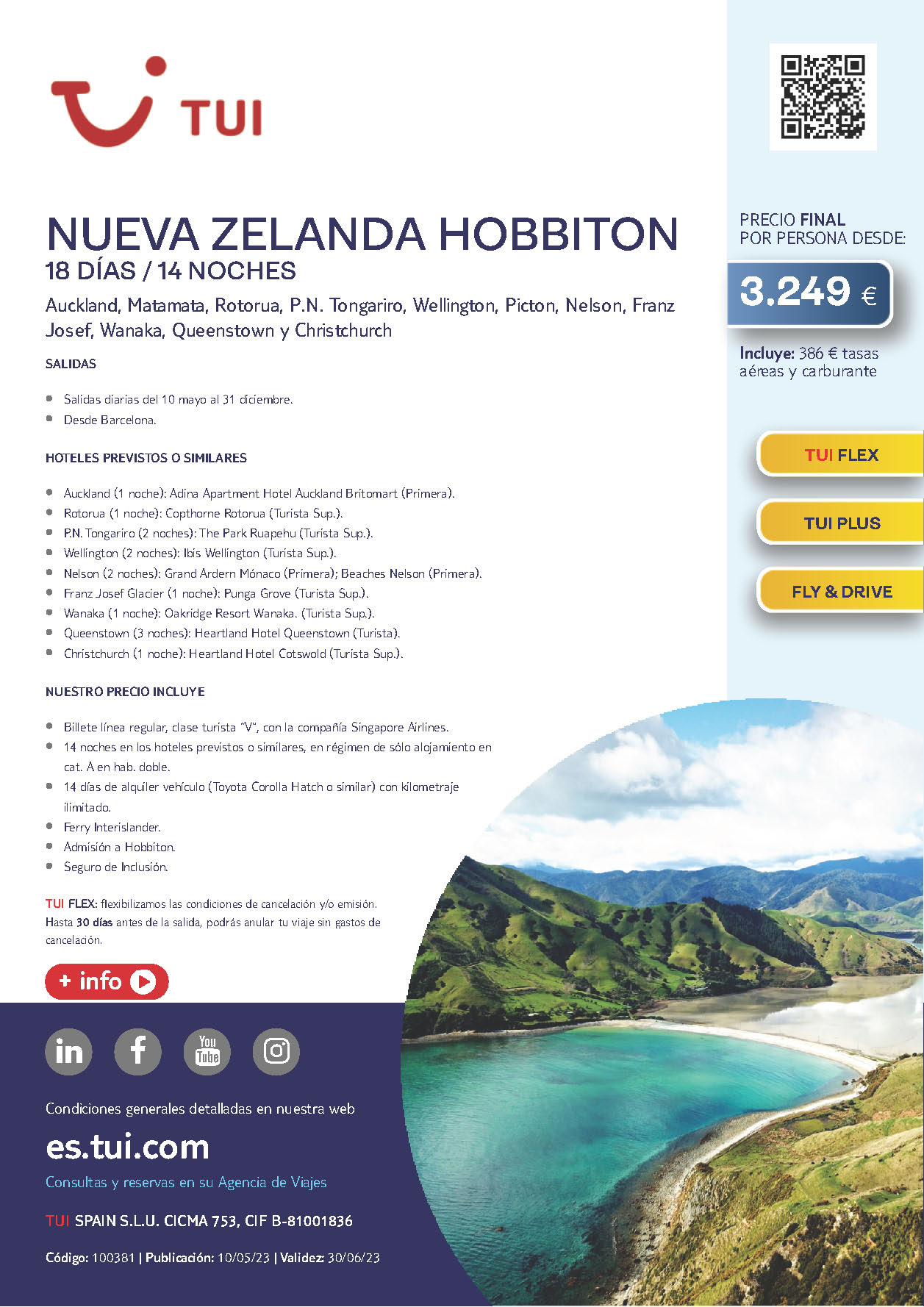 Oferta TUI Nueva Zelanda Hobbiton fly and drive 18 dias Junio a Diciembre 2023 salidas desde Barcelona vuelos Singapore Airlines