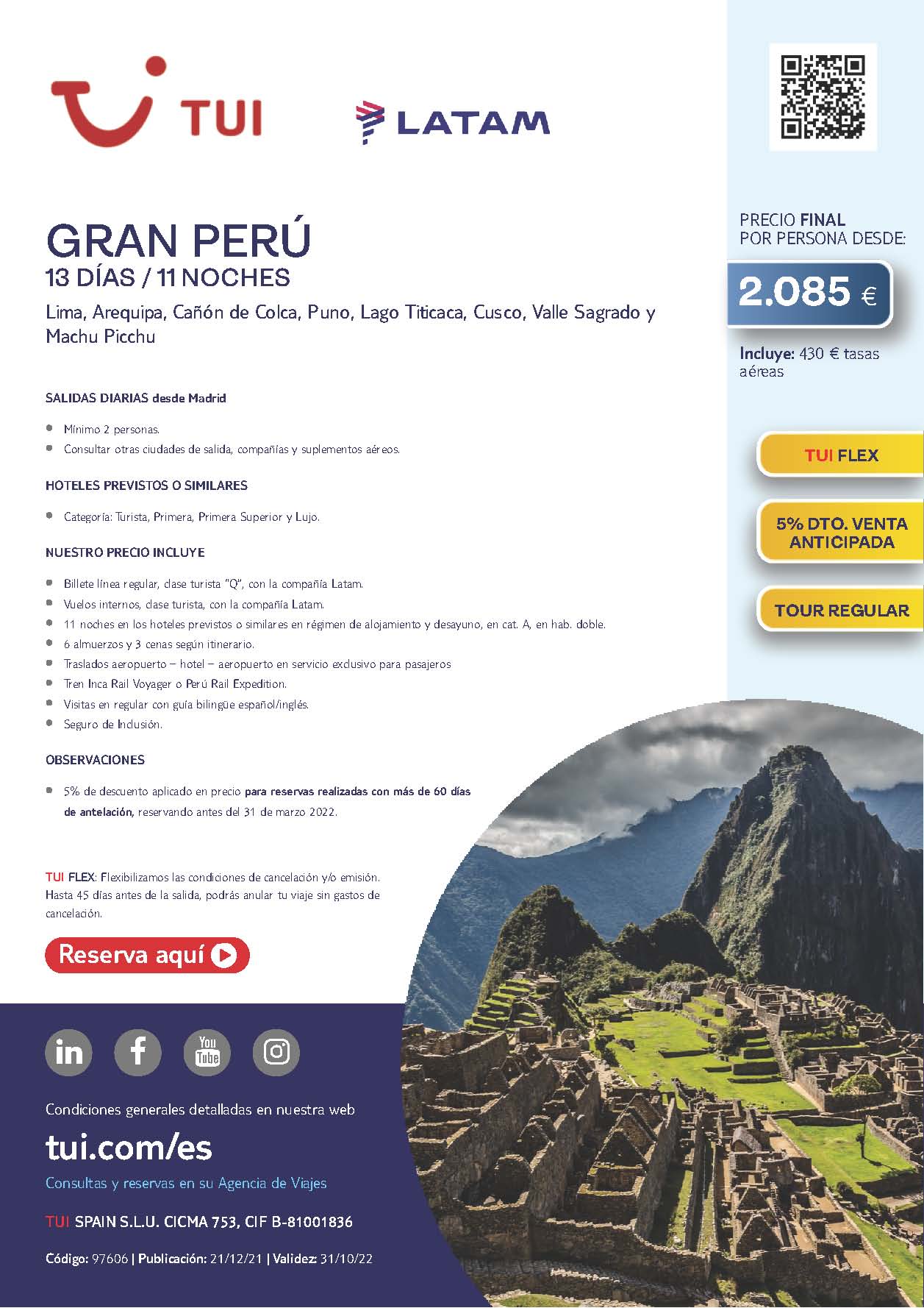 Oferta TUI Peru Gran Peru 13 dias 2022 salidas desde Madrid vuelos Latam