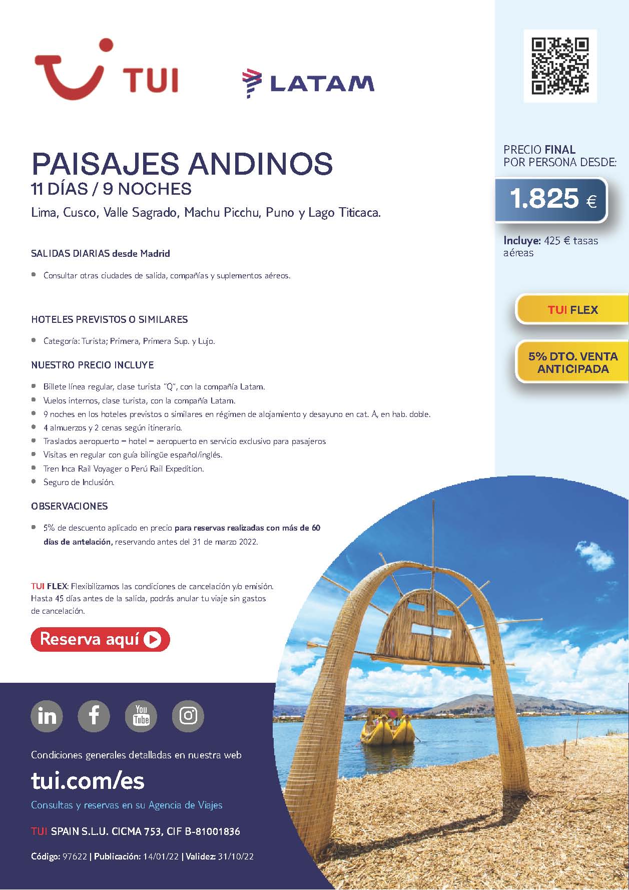 Oferta TUI Peru Paisajes Andinos 11 dias 2022 salidas desde Madrid vuelos Latam