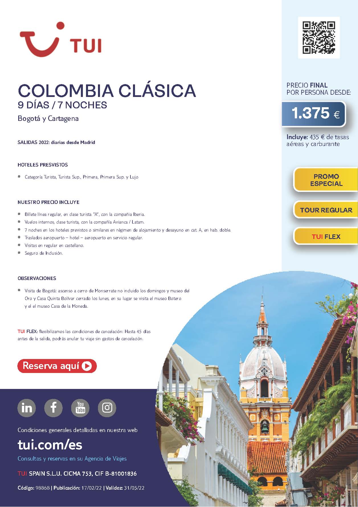 Oferta TUI Primavera 2022 Colombia Clasica 9 dias salidas desde Madrid vuelos directos Iberia