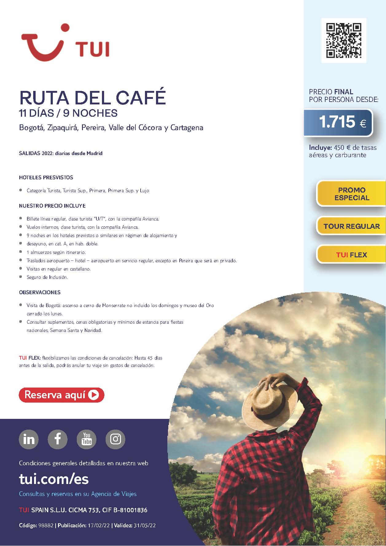 Oferta TUI Primavera 2022 Colombia Ruta del Cafe 11 dias salidas desde Madrid vuelos directos Iberia