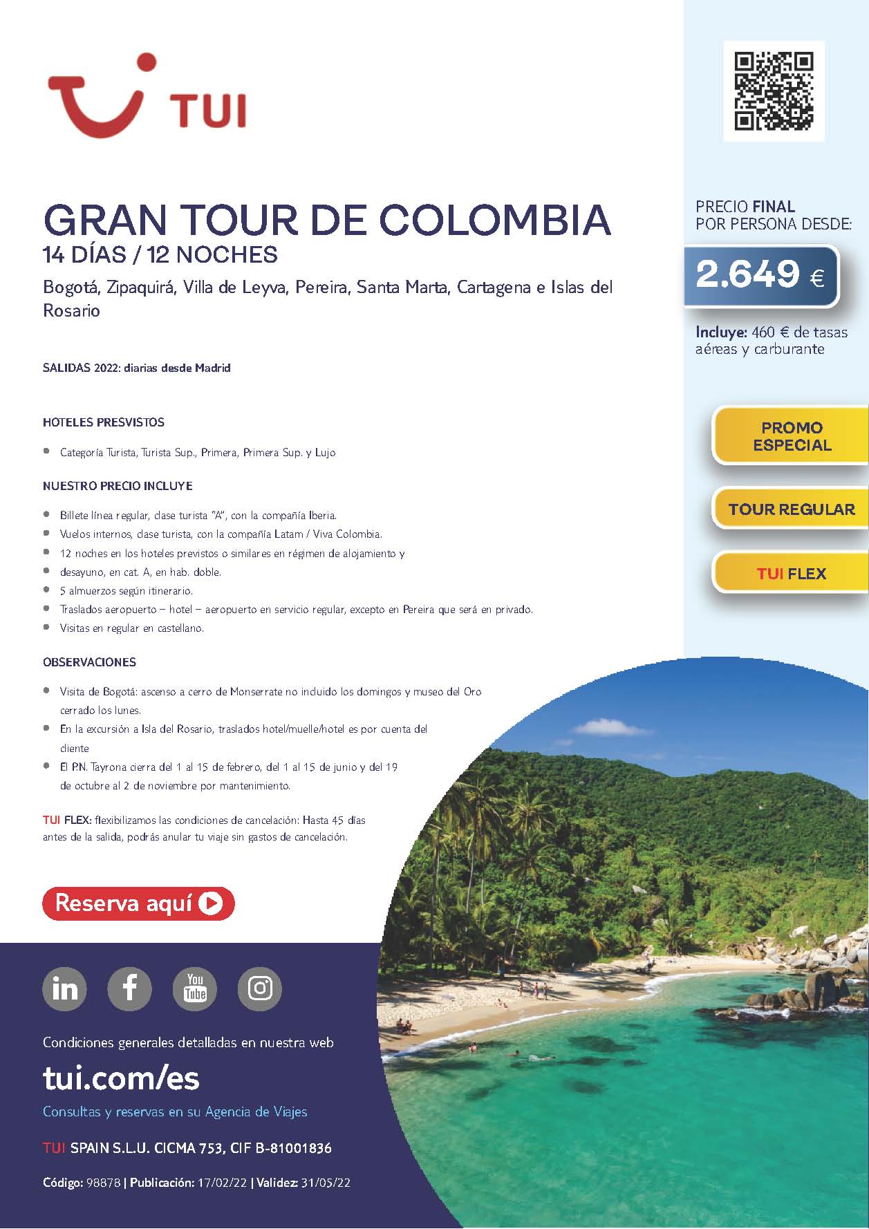 Oferta TUI Primavera 2022 Gran Tour de Colombia 14 dias salidas desde Madrid vuelos directos Iberia