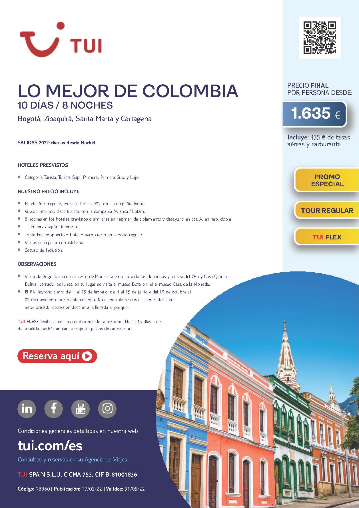 Oferta TUI Primavera 2022 Lo Mejor de Colombia 10 dias salidas desde Madrid vuelos directos Iberia