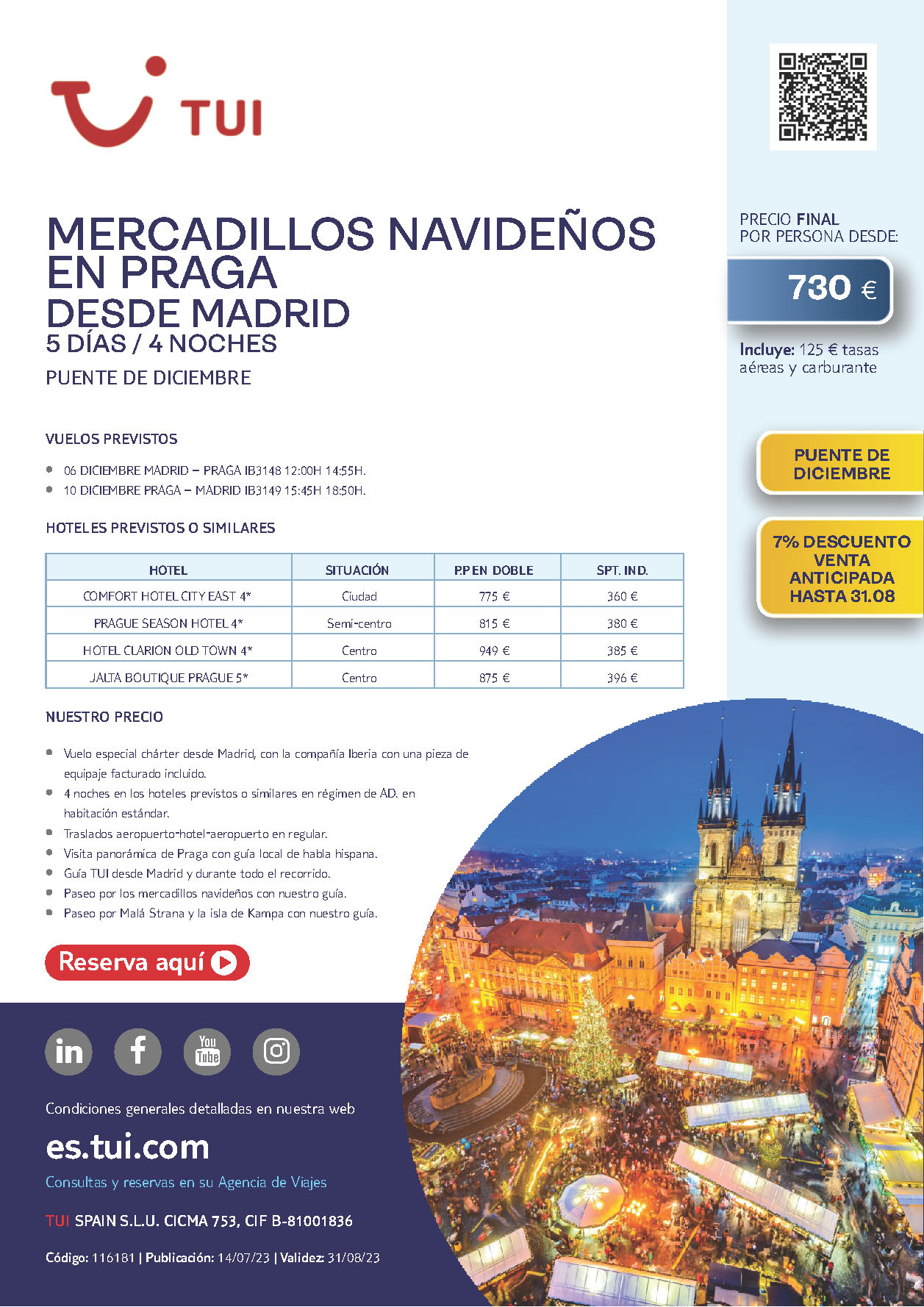 Oferta TUI Puente de Diciembre 2023 Mercadillos Navideños en Praga 5 dias salida 6 de diciembre vuelo regular desde Madrid