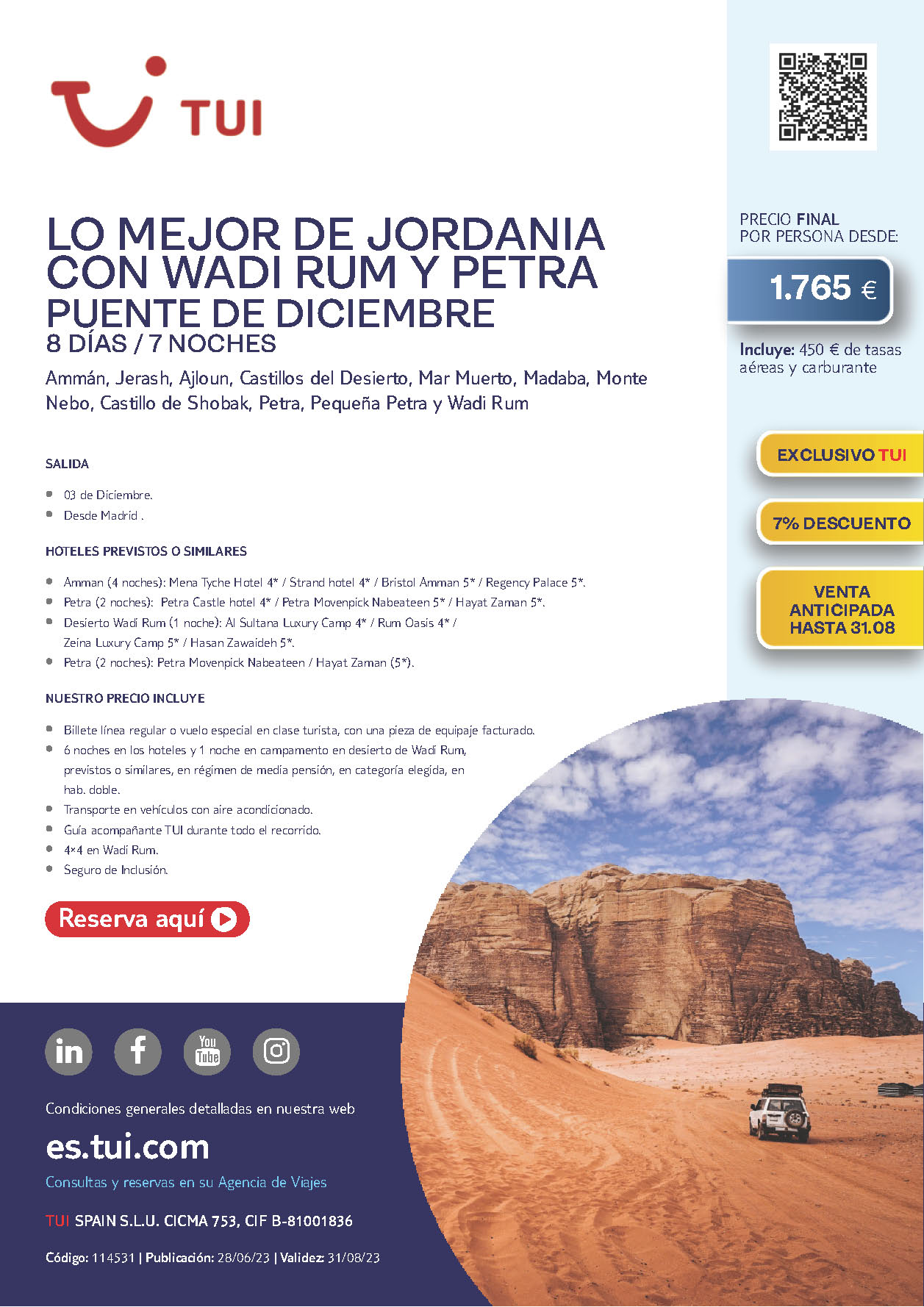 Oferta TUI Puente de Diciembre 2023 circuito Jordania Petra y Wadi Rum 8 dias salidas 3 de diciembre vuelo directo desde Madrid
