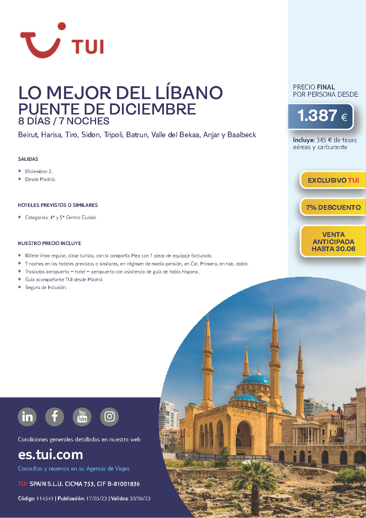 Oferta TUI Puente de Diciembre 2023 circuito Lo mejor del Libano 8 dias salidas 2 de diciembre vuelo directo desde Madrid vuelos Mea