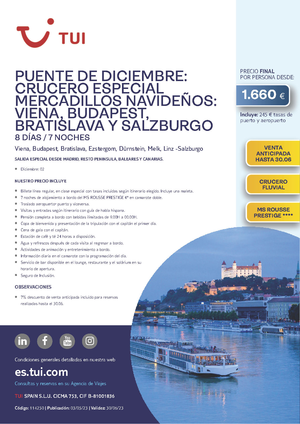 Oferta TUI Puente de Diciembre 2023 crucero Danubio Viena Bratislava Budapest Salzburgo 8 salidas desde Madrid Barcelona Valencia Baleares y Canarias
