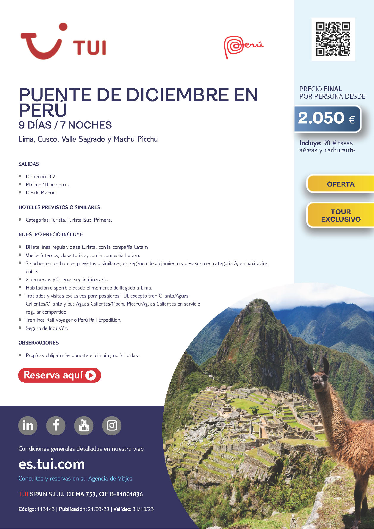 Oferta TUI Puente de Diciembre 2023 en Peru 9 dias salidas 2 de diciembre desde Madrid vuelos Latam