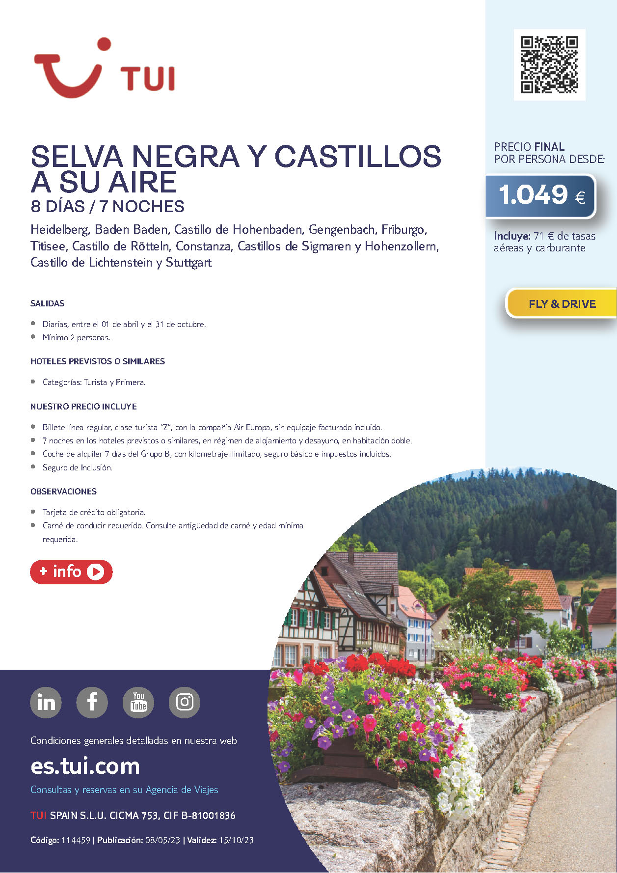 Oferta TUI Selva Negra y Castillos a su Aire 8 dias Abril a Octubre 2023 salidas desde Madrid y Barcelona vuelos Air Europa