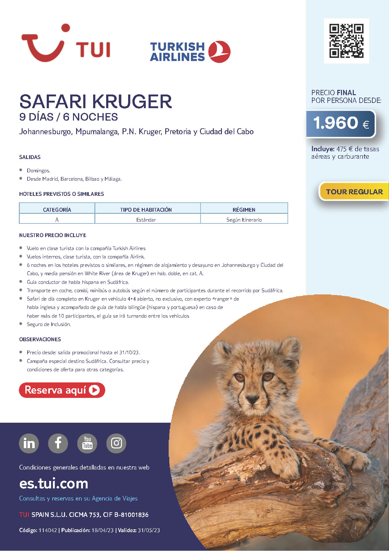 Oferta TUI Sudafrica Safari Kruger 9 dias 6 noches Mayo a Octubre 2023 salidas desde Madrid Barcelona Bilbao Malaga vuelos Turkish Airlines