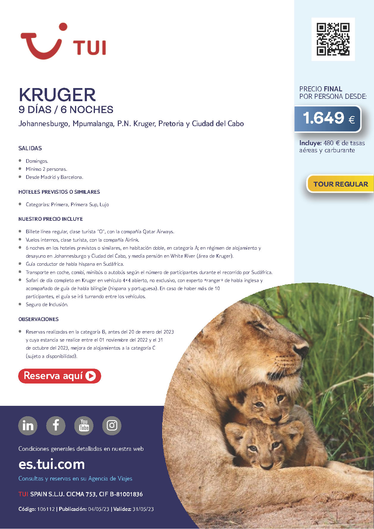 Oferta TUI Sudafrica Safari Kruger 9 dias 6 noches Verano 2023 salidas desde Barcelona y Madrid vuelos Qatar Airways