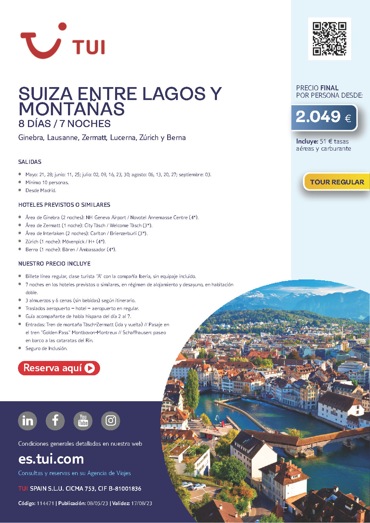 Oferta TUI Suiza entre Lagos y Montañas 8 dias Mayo a Septiembre 2023 salidas desde Madrid vuelos Iberia