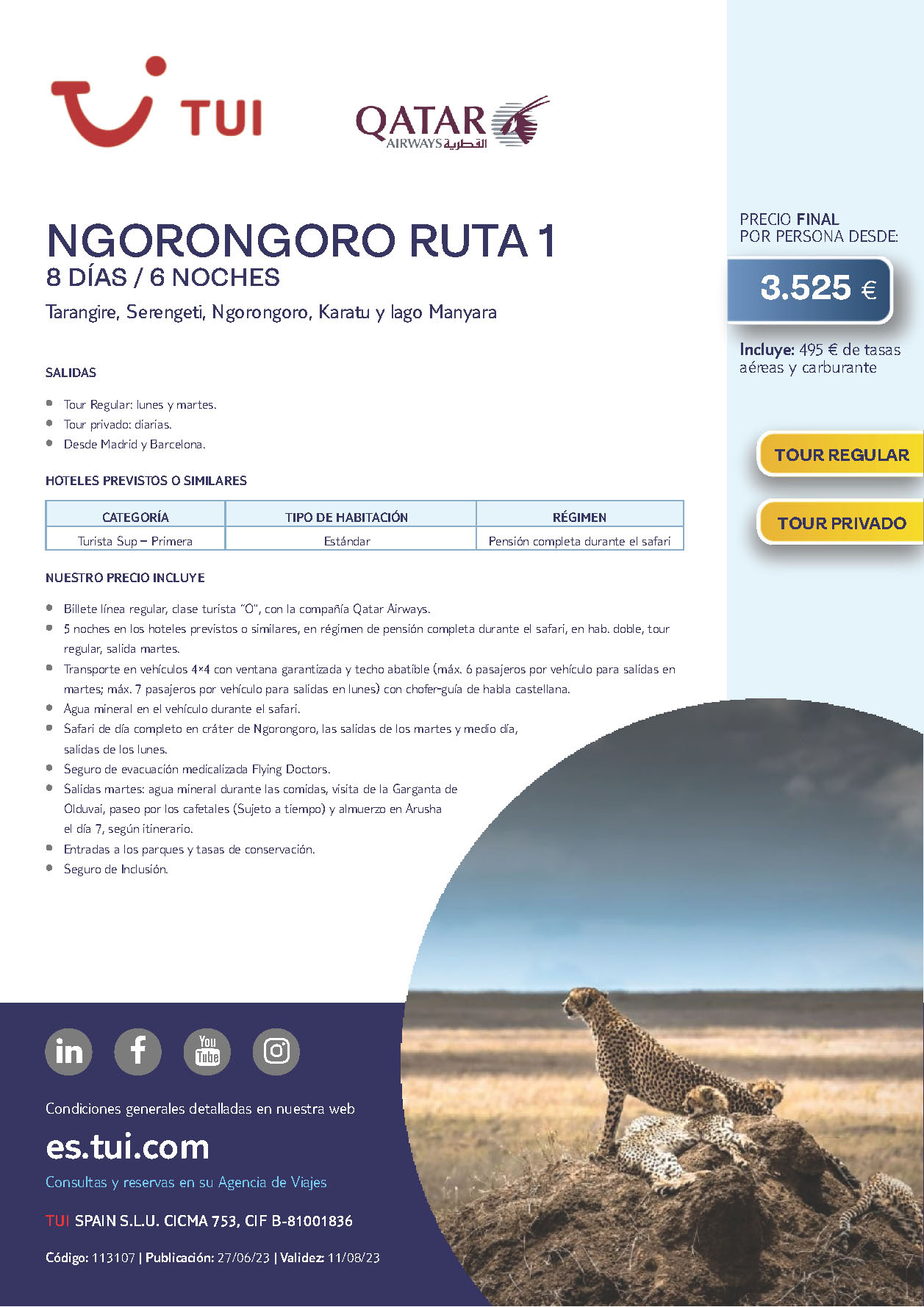 Oferta TUI Tanzania Safari Ngorongoro Ruta I 8 dias Agosto a Diciembre 2023 salidas desde Barcelona y Madrid vuelos Qatar Airways