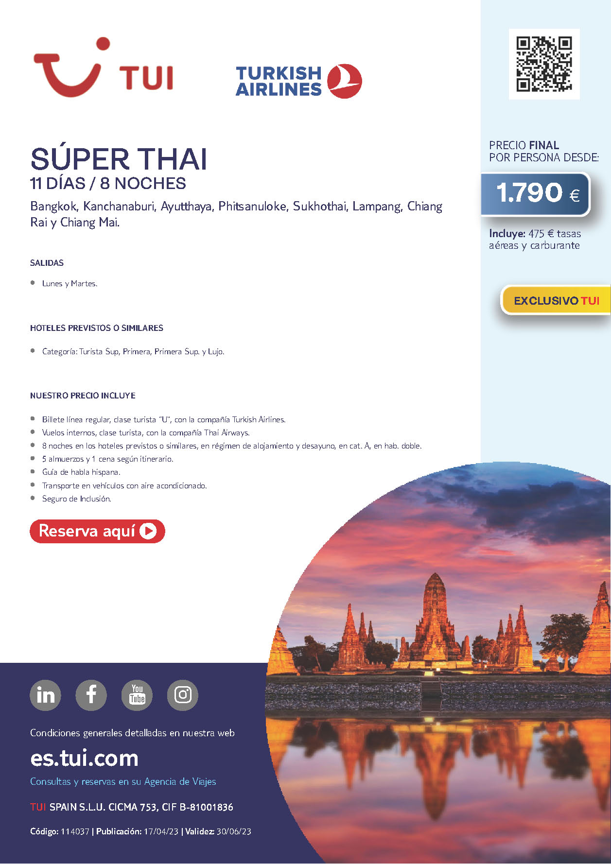 Oferta TUI Thailandia circuito Super Thai 11 dias 2023 salidas desde Madrid Barcelona Bilbao Valencia Malaga vuelos Turkish Airlines