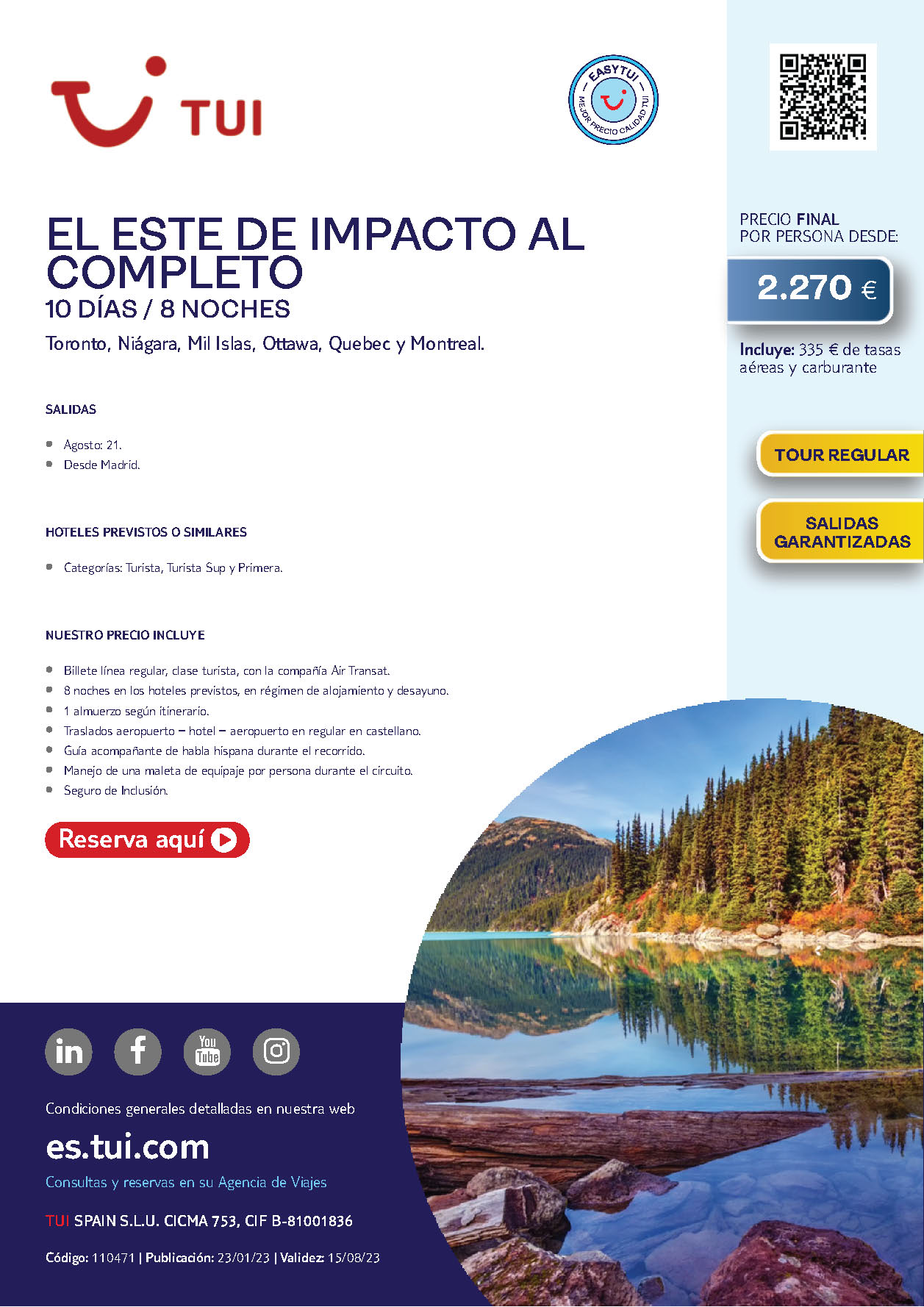 Oferta TUI Ultima Hora Canada El Este de Impacto 9 dias salidas 21 Agosto 2023 desde Madrid vuelos Air Transat