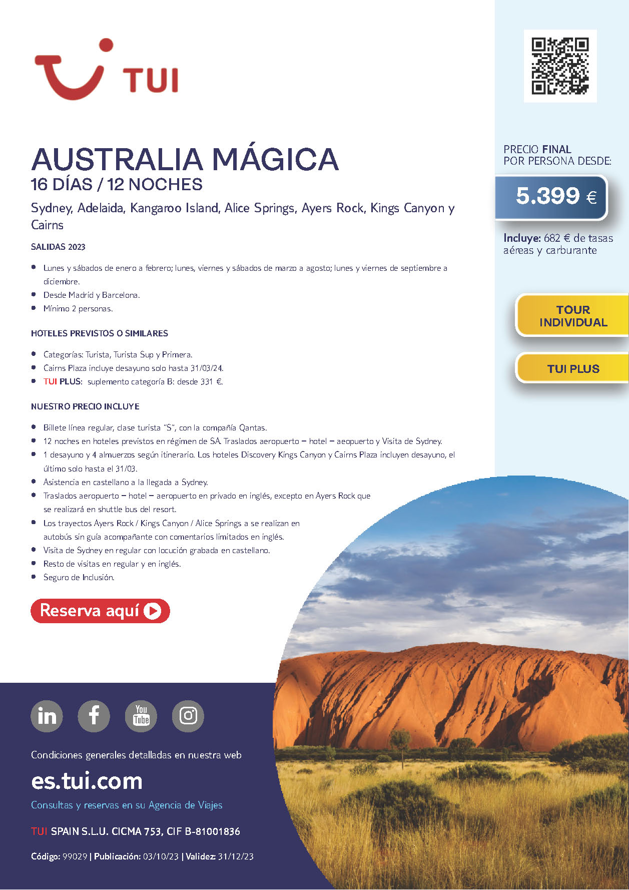Oferta TUI circuito Australia Magica 16 dias Octubre a Diciembre 2023 salidas desde Madrid y Barcelona vuelos Qantas