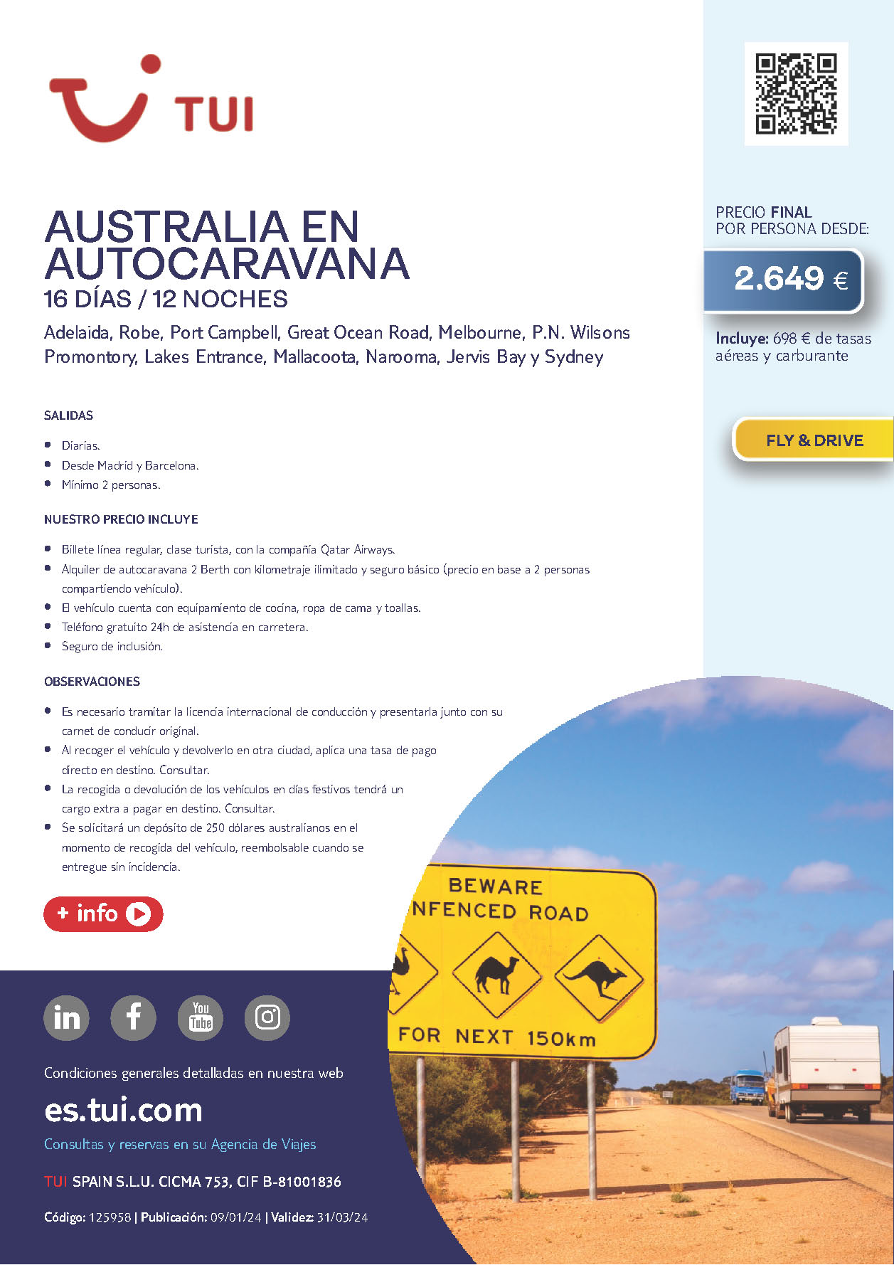 Oferta TUI circuito Australia en Autocaravana Fly and Drive 16 dias 2024 salidas desde Madrid y Barcelona vuelos Qatar Airways