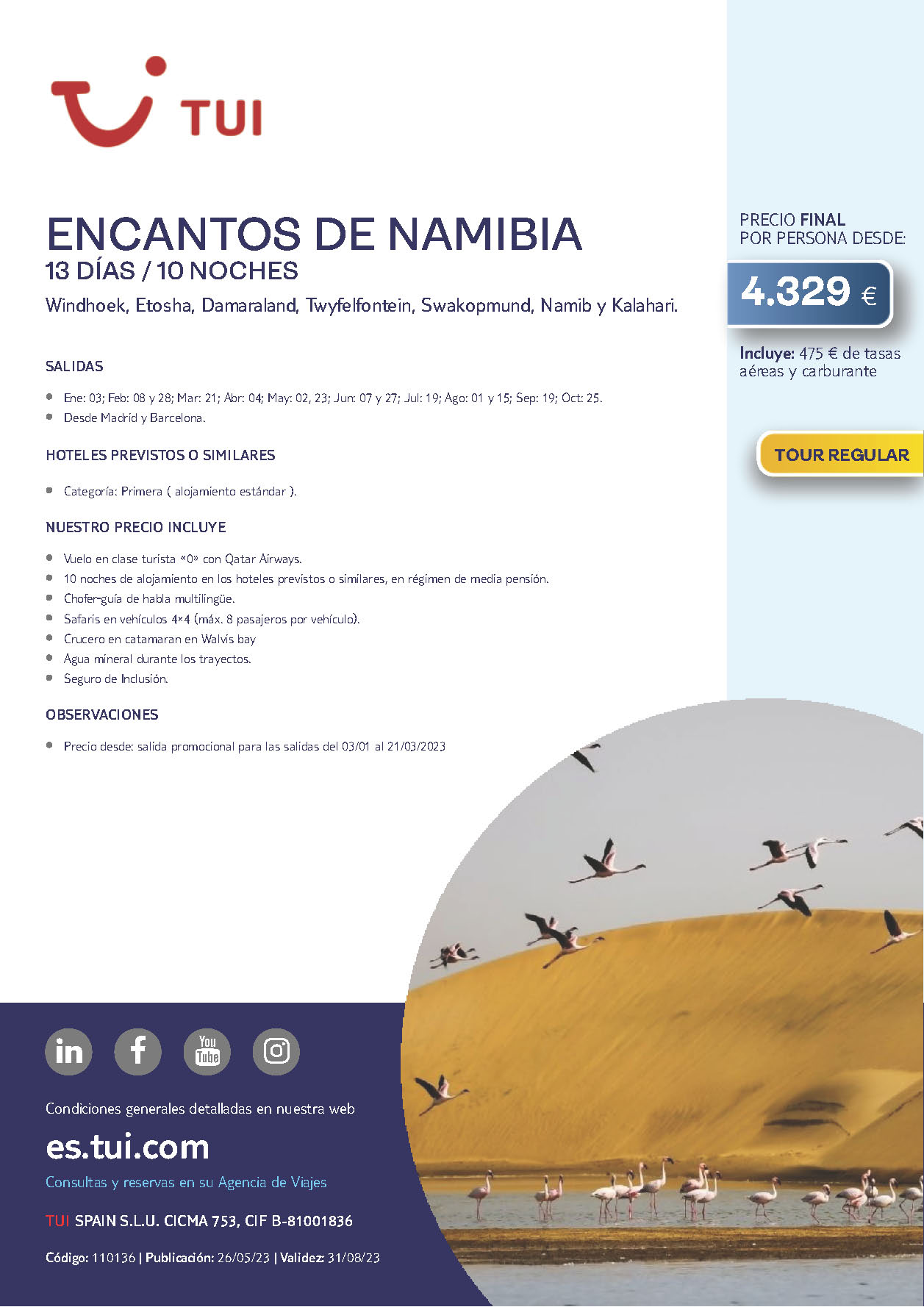 Oferta TUI circuito Encantos de Namibia 13 dias 10 noches Enero a Octubre 2023 salidas desde Barcelona y Madrid vuelos Qatar Airways