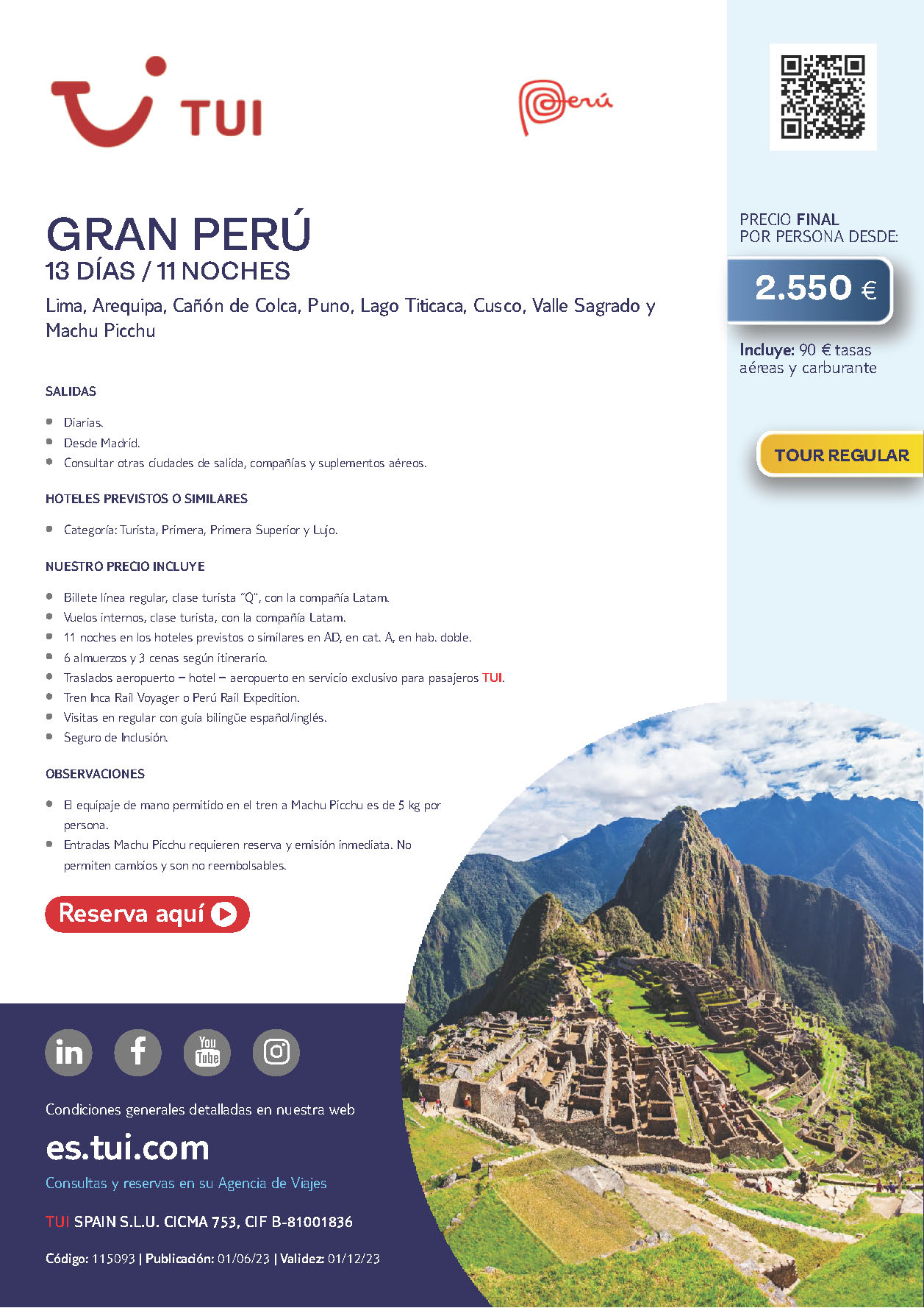 Oferta TUI circuito Gran Peru 13 dias salidas Junio a Diciembre 2023 desde Madrid vuelos Latam